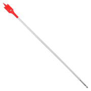 Red spade bit with gray shaft and pointed cutting head on white background.