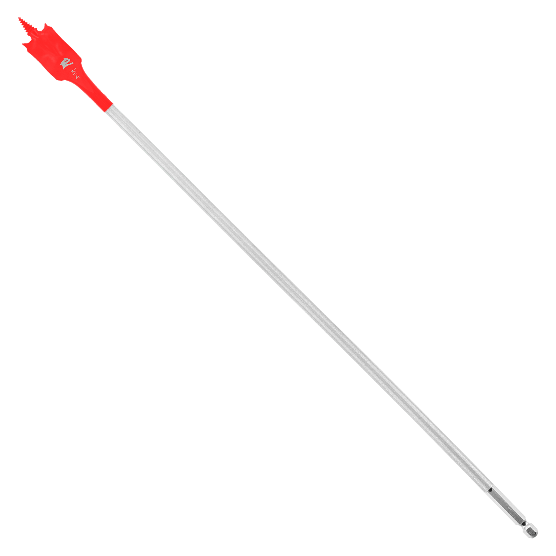 Red spade bit with gray shaft and pointed cutting head on white background.