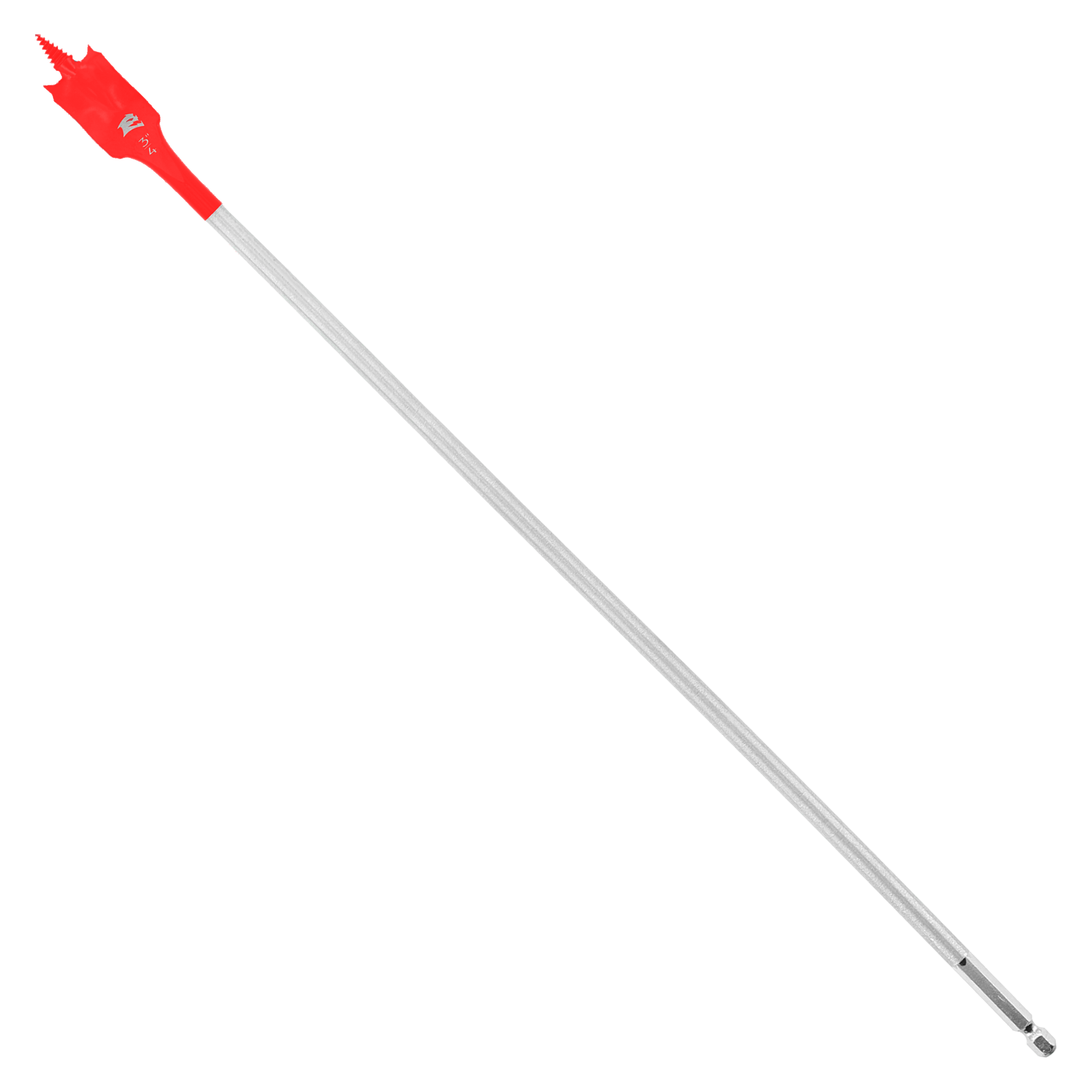 Red spade bit with gray shaft and pointed cutting head on white background.