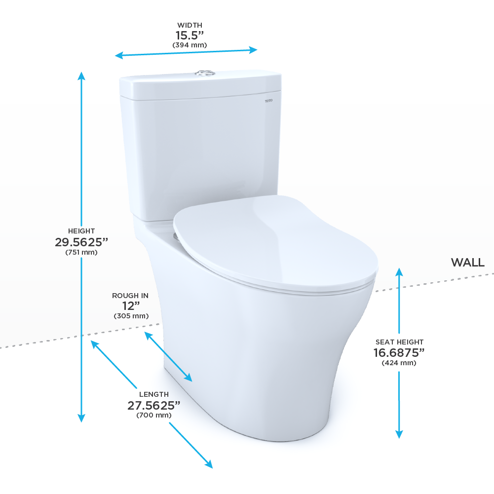 Cotton white two-piece elongated toilet with soft-close seat and separate tank, dimensions labeled.