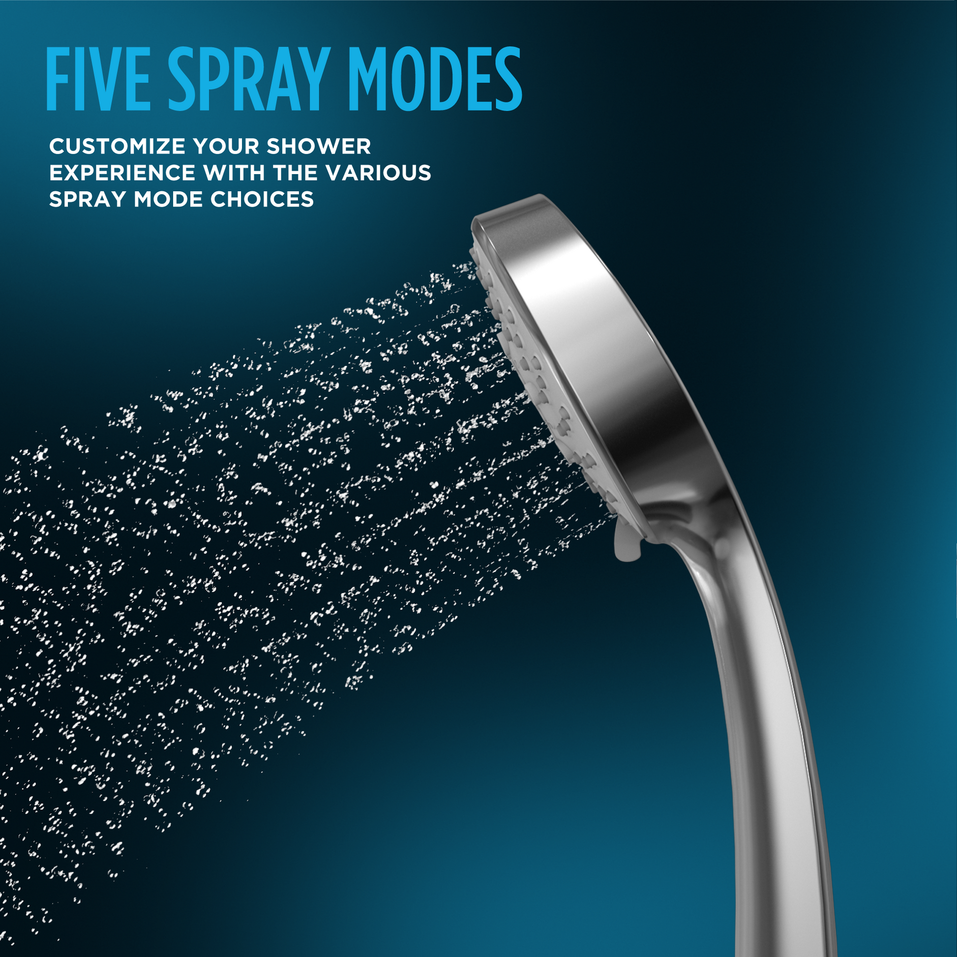 Polished chrome round handshower with curved handle dispensing water spray against teal background.