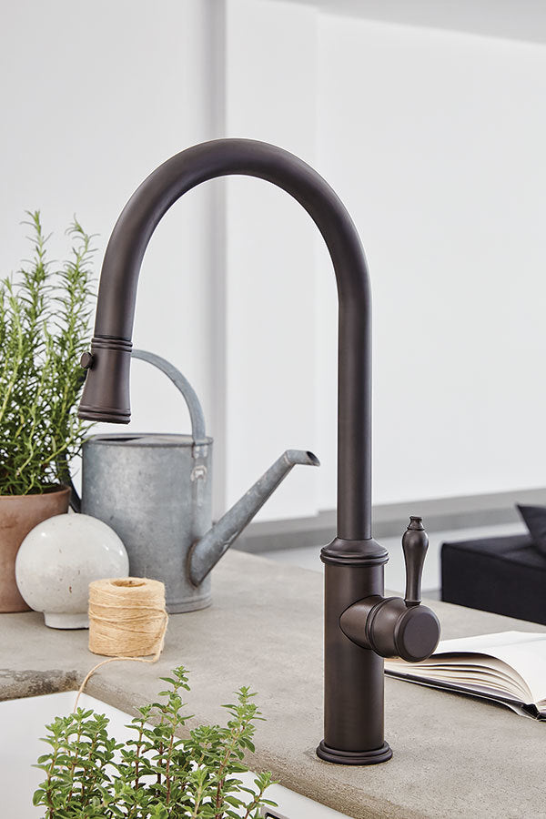 California Faucets Davoli Pull-Down Kitchen Faucet with Button Sprayer - High Arc Spout in Satin Brass - K10-100-48-SB
