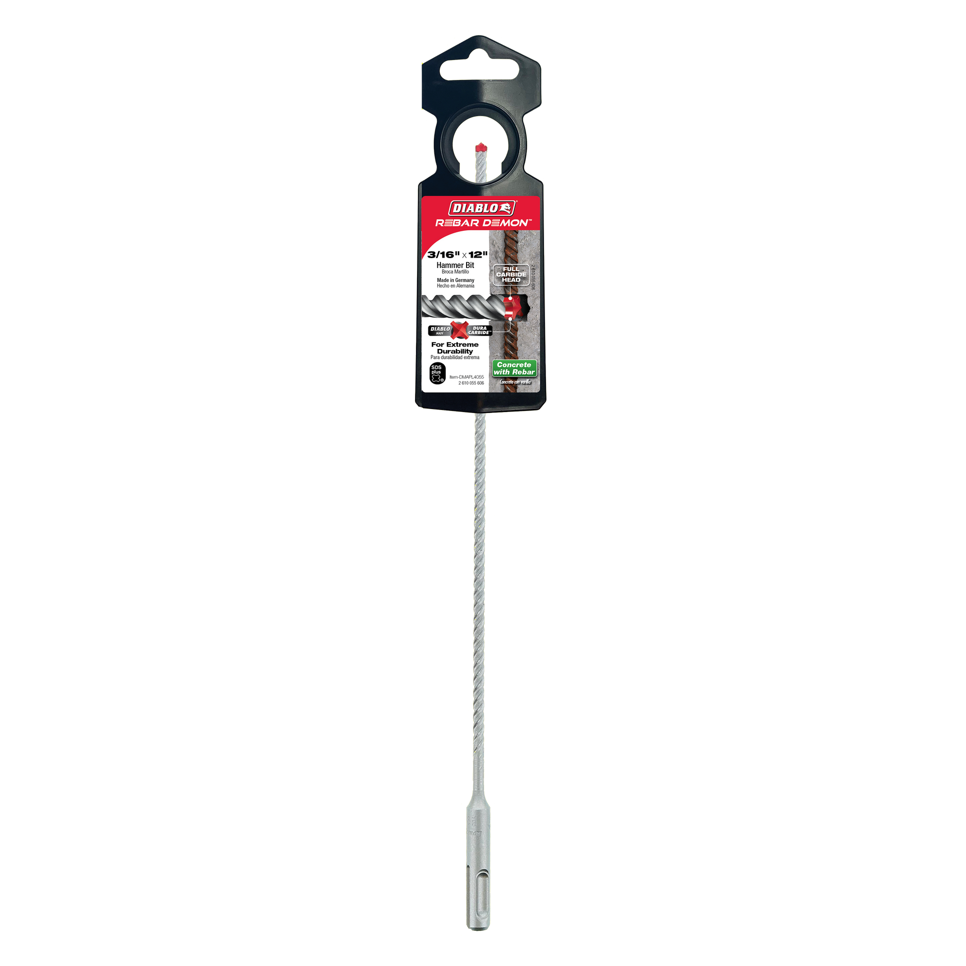 Diablo Rebar Demon SDS-Plus hammer drill bit with carbide head and packaging.