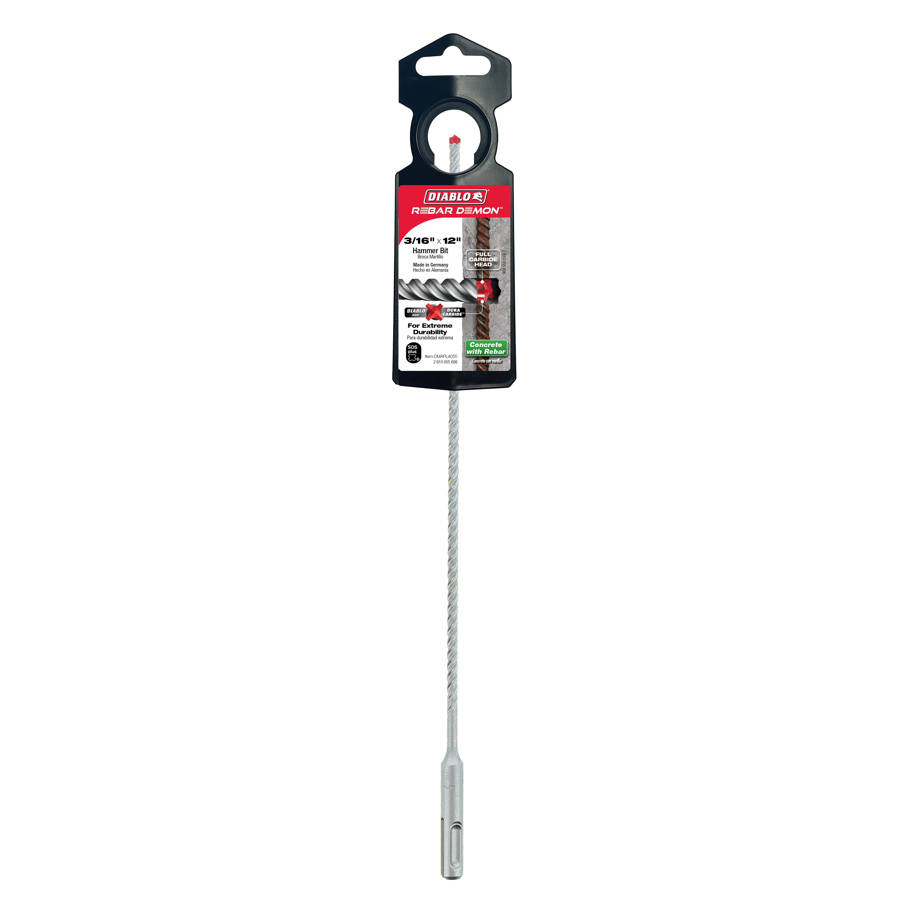 Diablo Rebar Demon SDS-Plus hammer drill bit with carbide head and packaging.