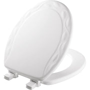 White round toilet seat with embossed ivy design on lid and hinged seat, shown open.