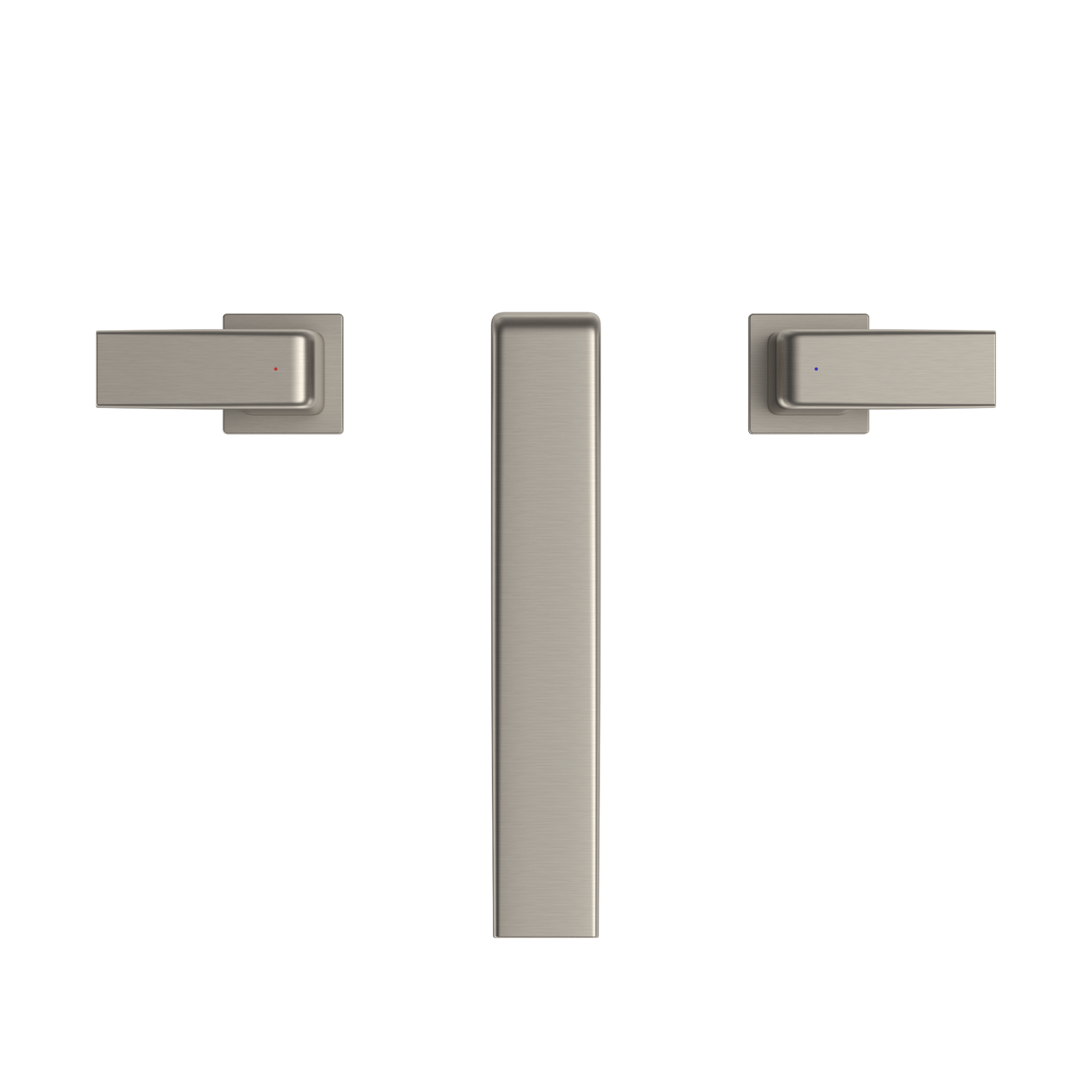 Brushed nickel two-handle deck-mount Roman tub filler trim with vertical spout and horizontal lever handles.