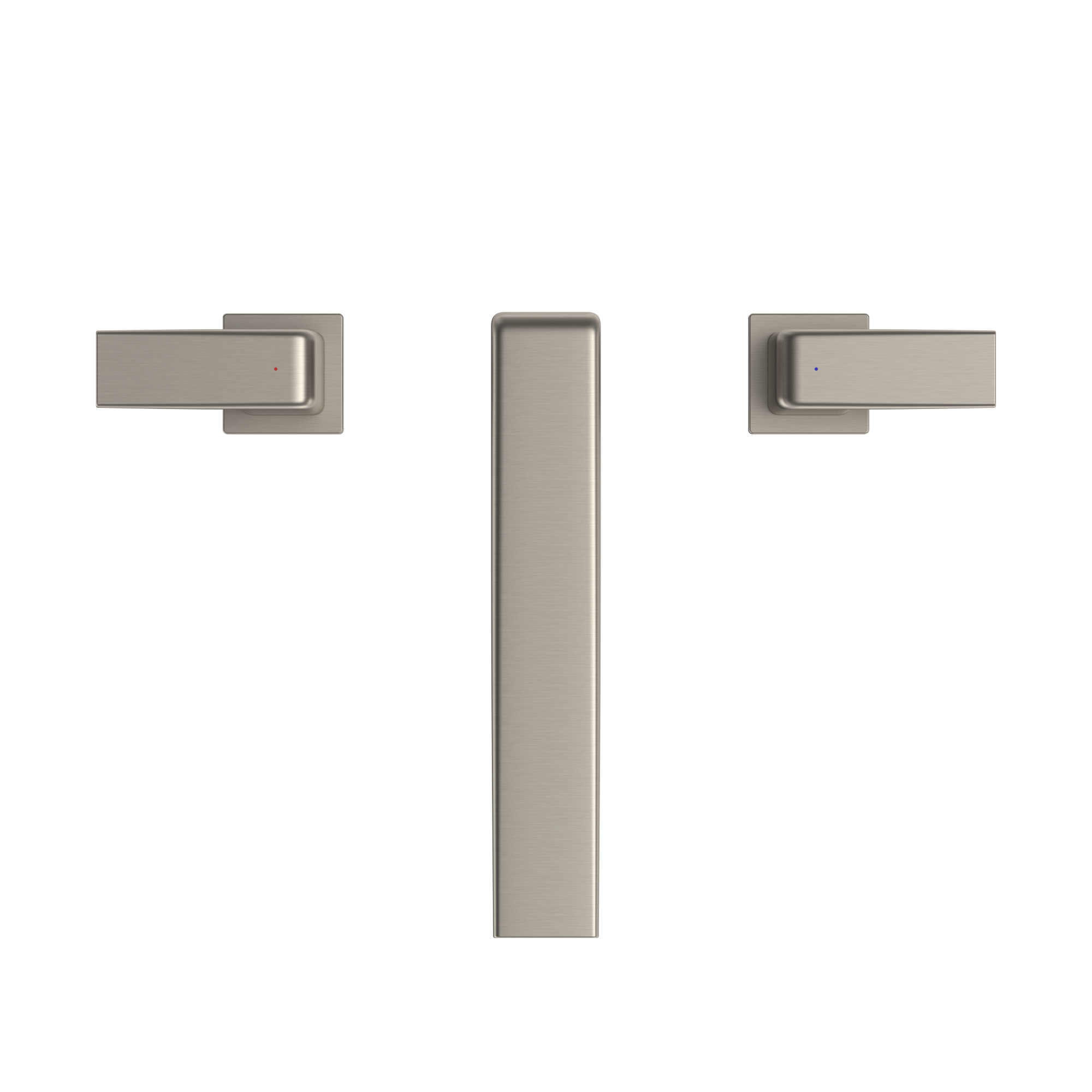 Brushed nickel two-handle deck-mount Roman tub filler trim with vertical spout and horizontal lever handles.