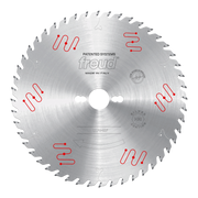 Freud 250mm circular saw blade with carbide-tipped teeth, center hole, and red markings on brushed steel surface.