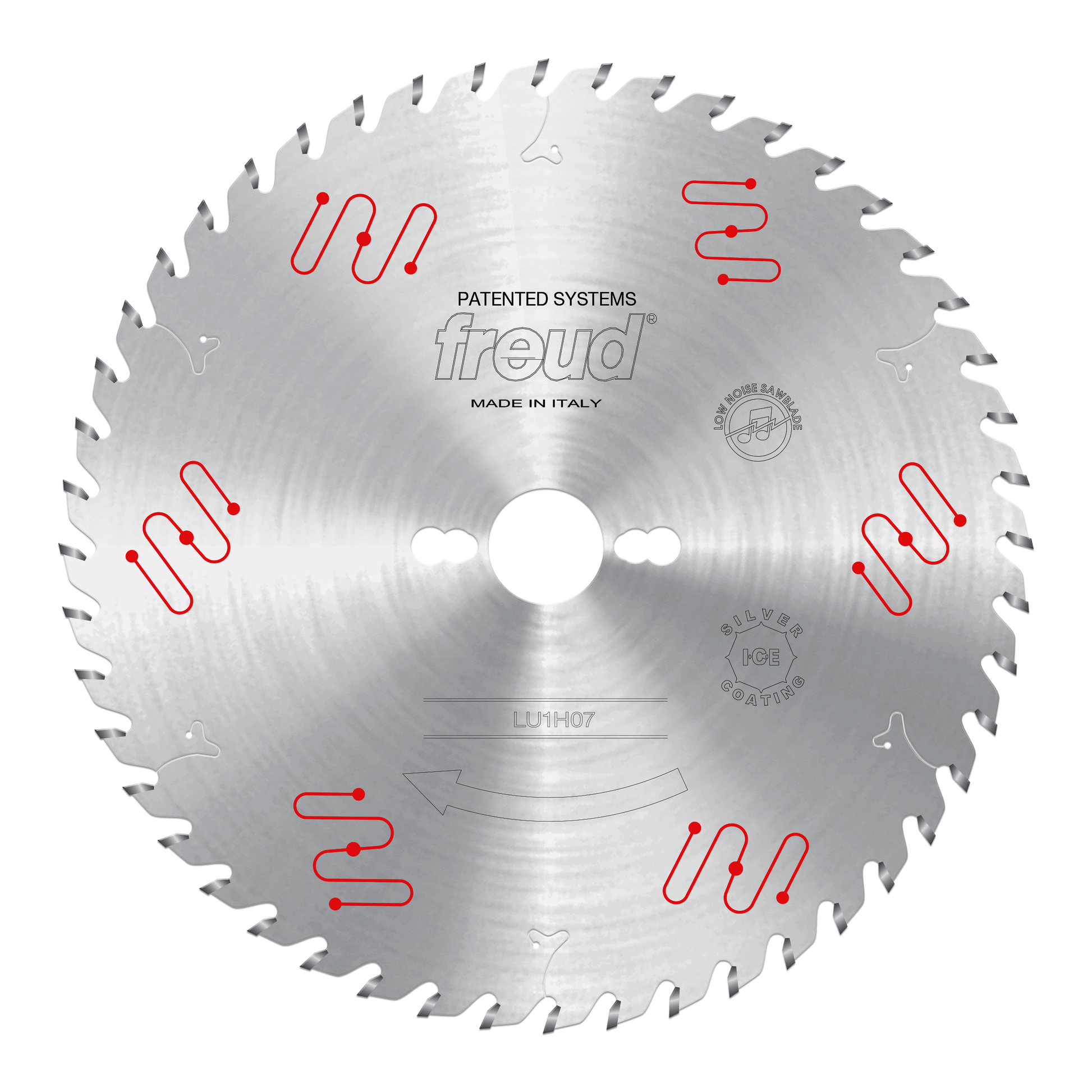 Freud 250mm circular saw blade with carbide-tipped teeth, center hole, and red markings on brushed steel surface.