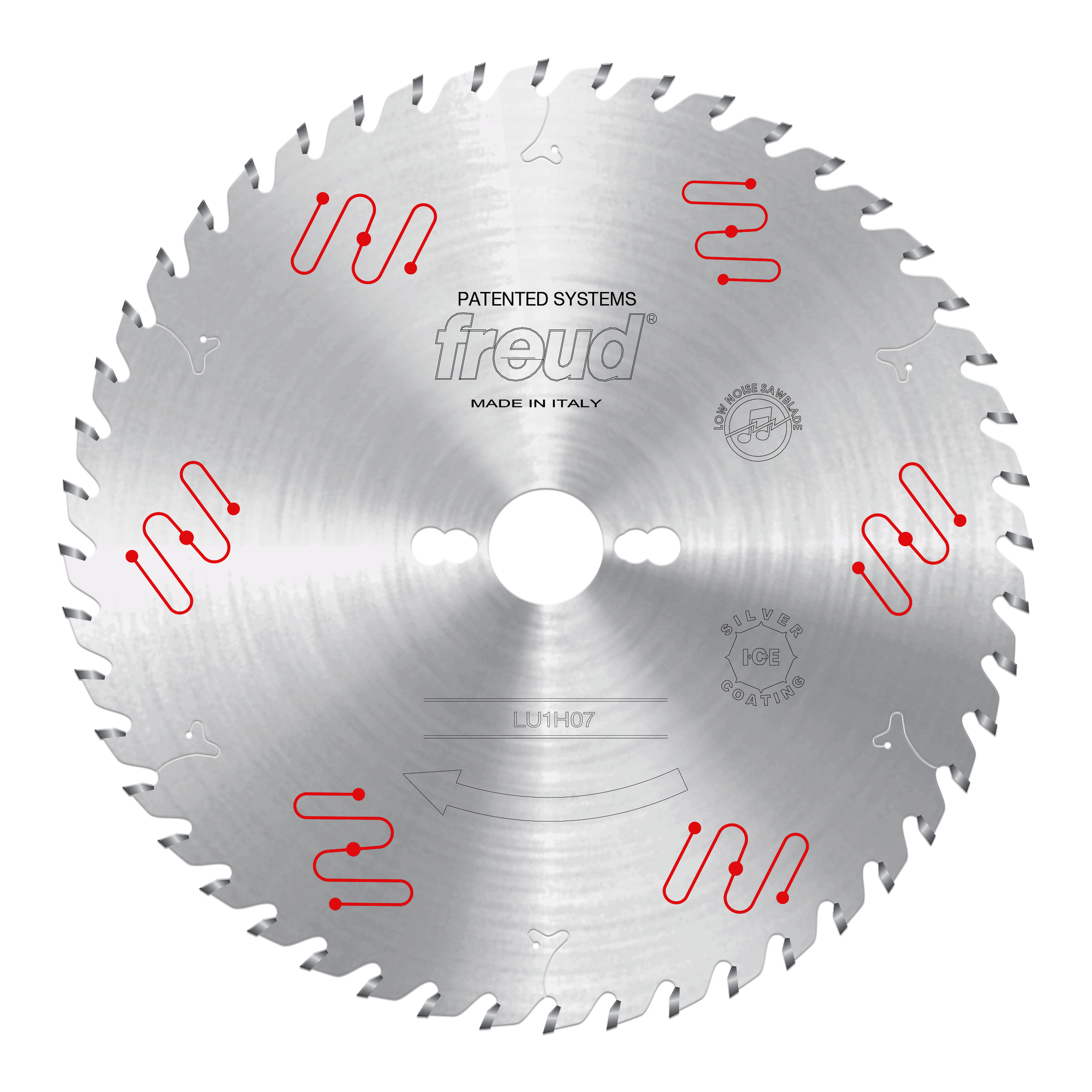 Freud 250mm circular saw blade with carbide-tipped teeth, center hole, and red markings on brushed steel surface.
