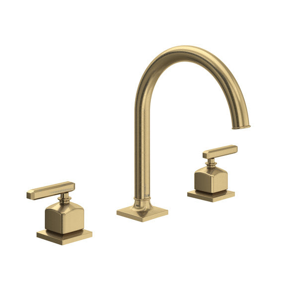 Antique gold widespread lavatory faucet with curved C-spout and two lever handles on square bases.