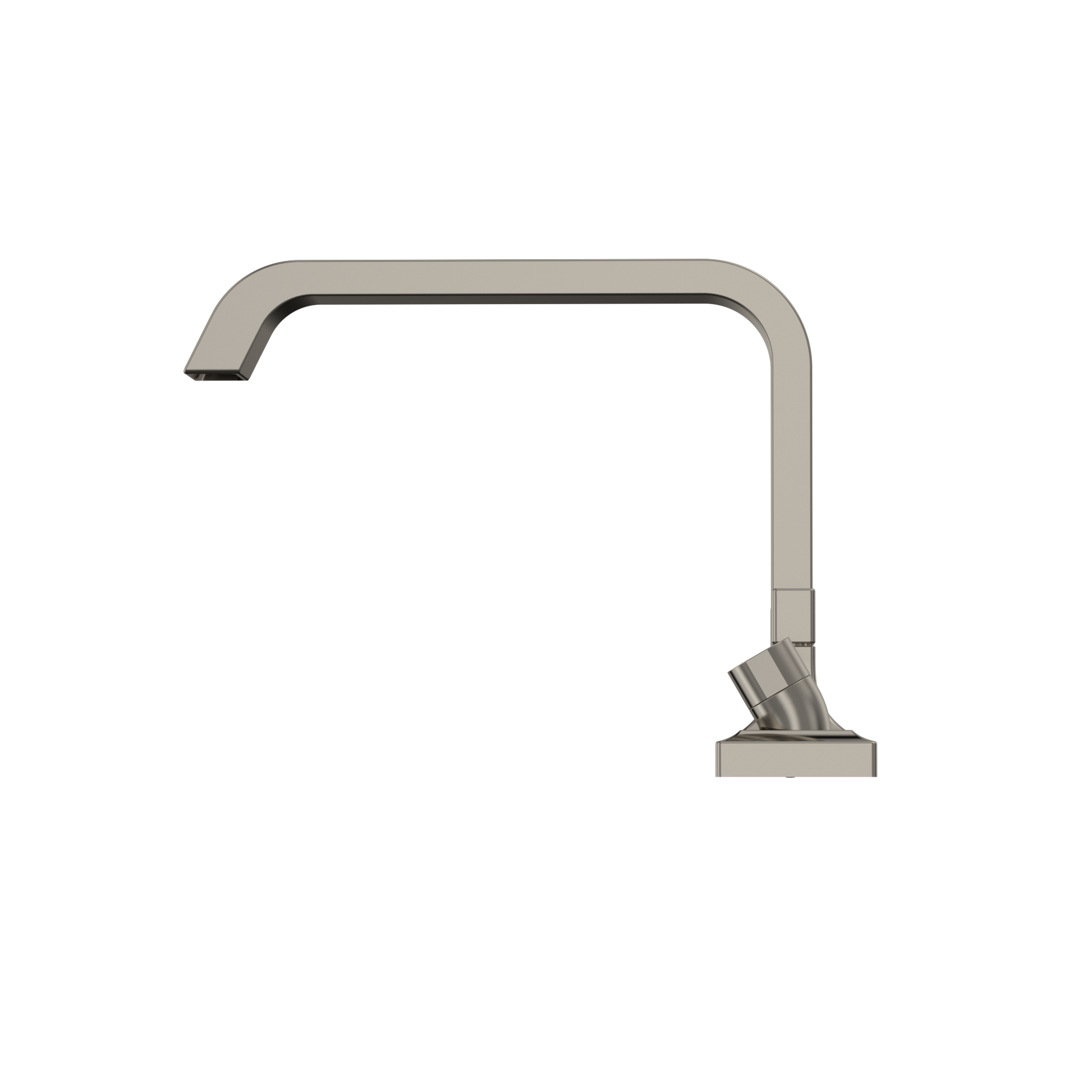 Polished nickel two-handle deck-mount roman tub filler with curved spout and handshower attachment.