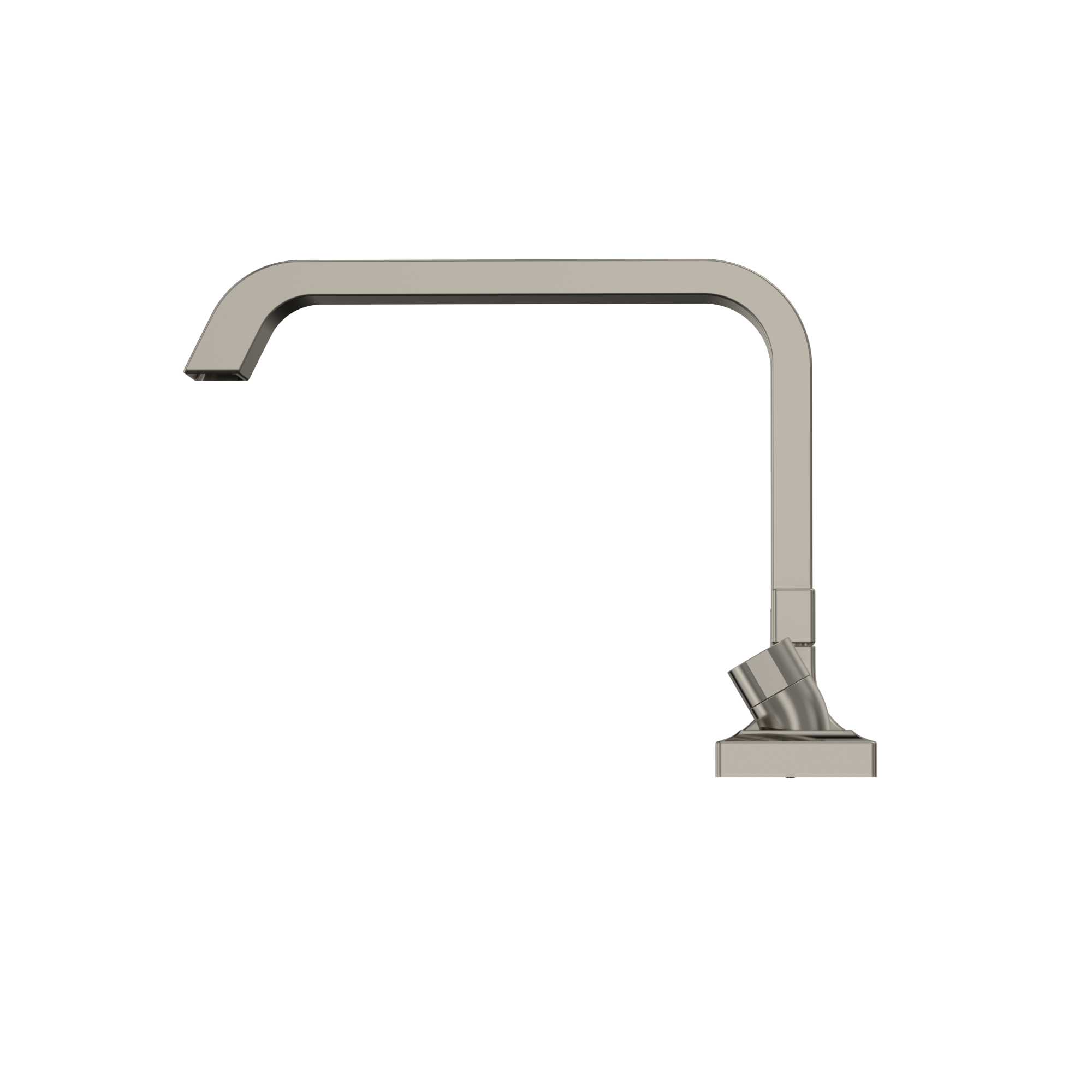 Polished nickel two-handle deck-mount roman tub filler with curved spout and handshower attachment.