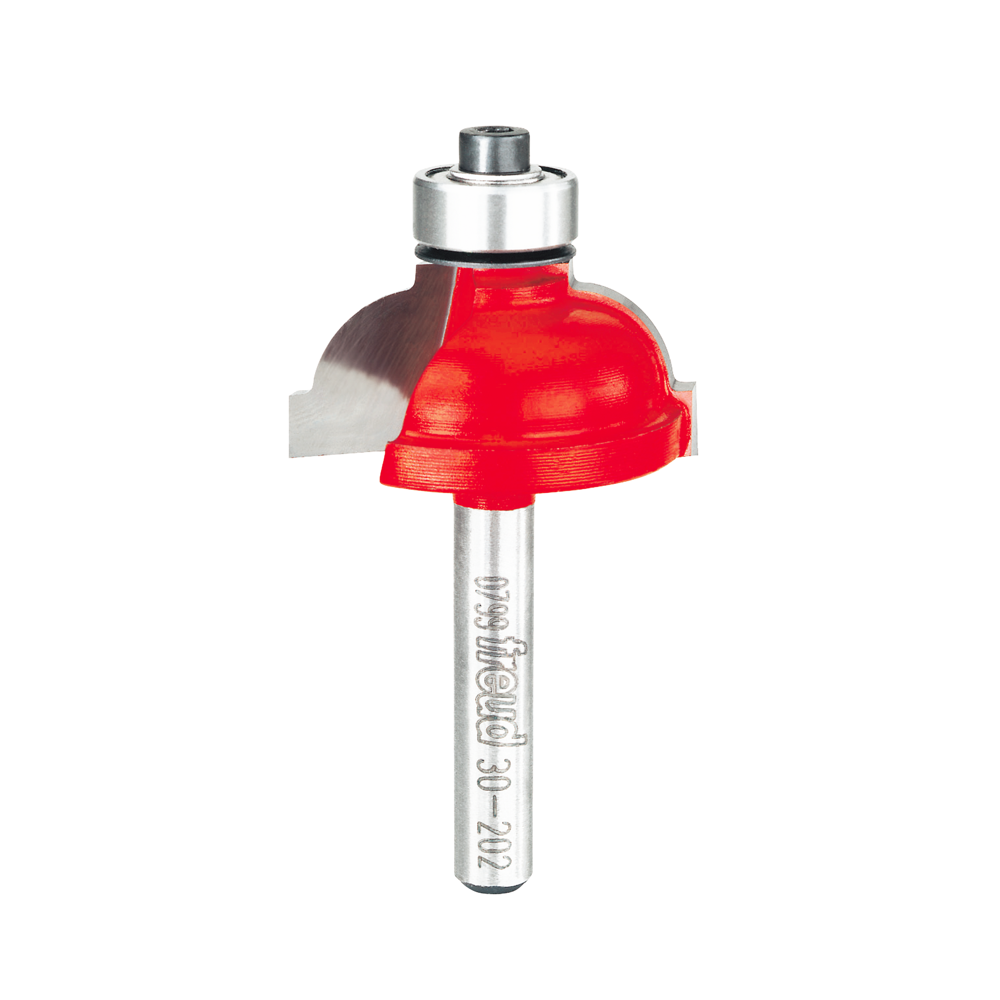 Red cove and fillet router bit with silver metal shank and bearing, labeled Freud 30-202.