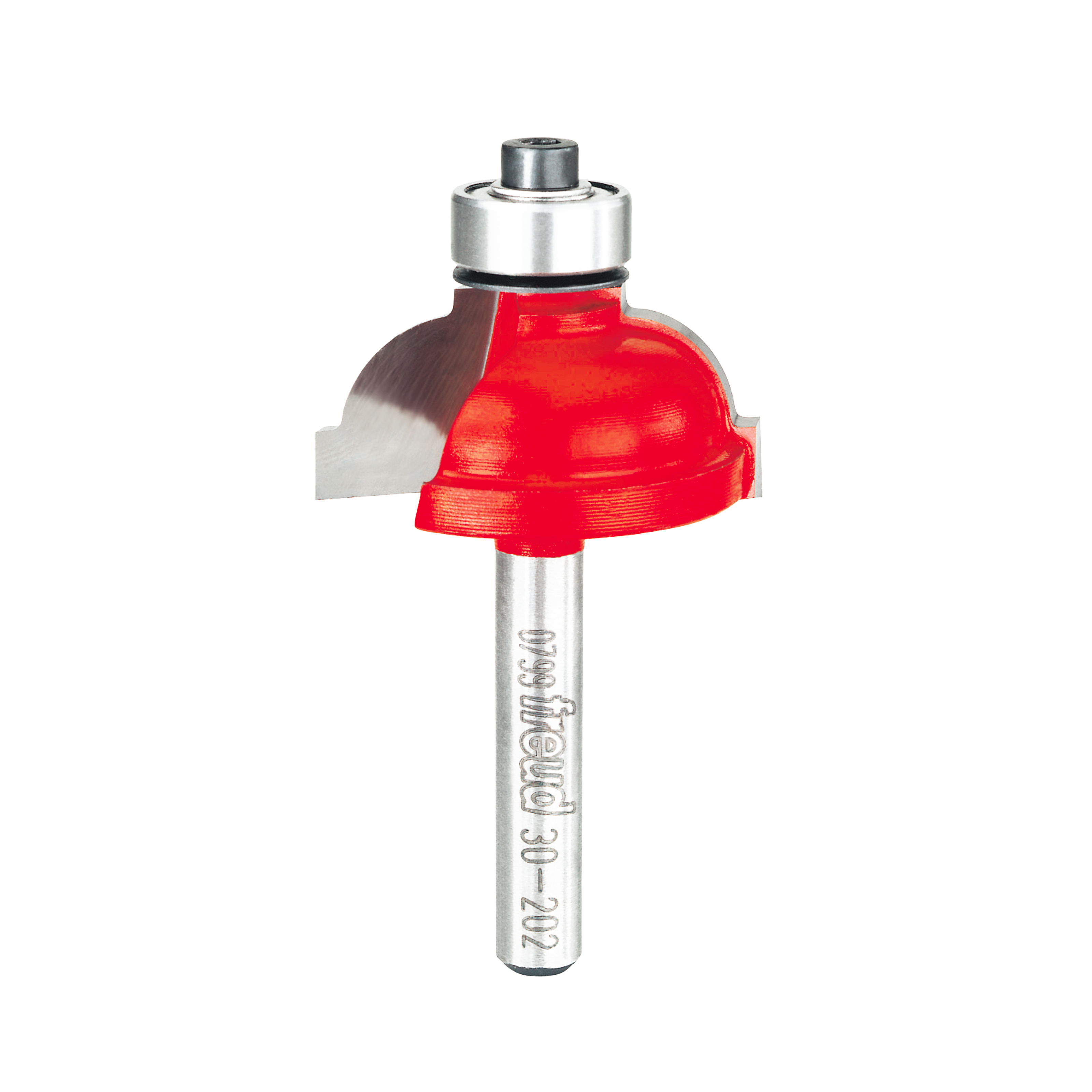 Red cove and fillet router bit with silver metal shank and bearing, labeled Freud 30-202.