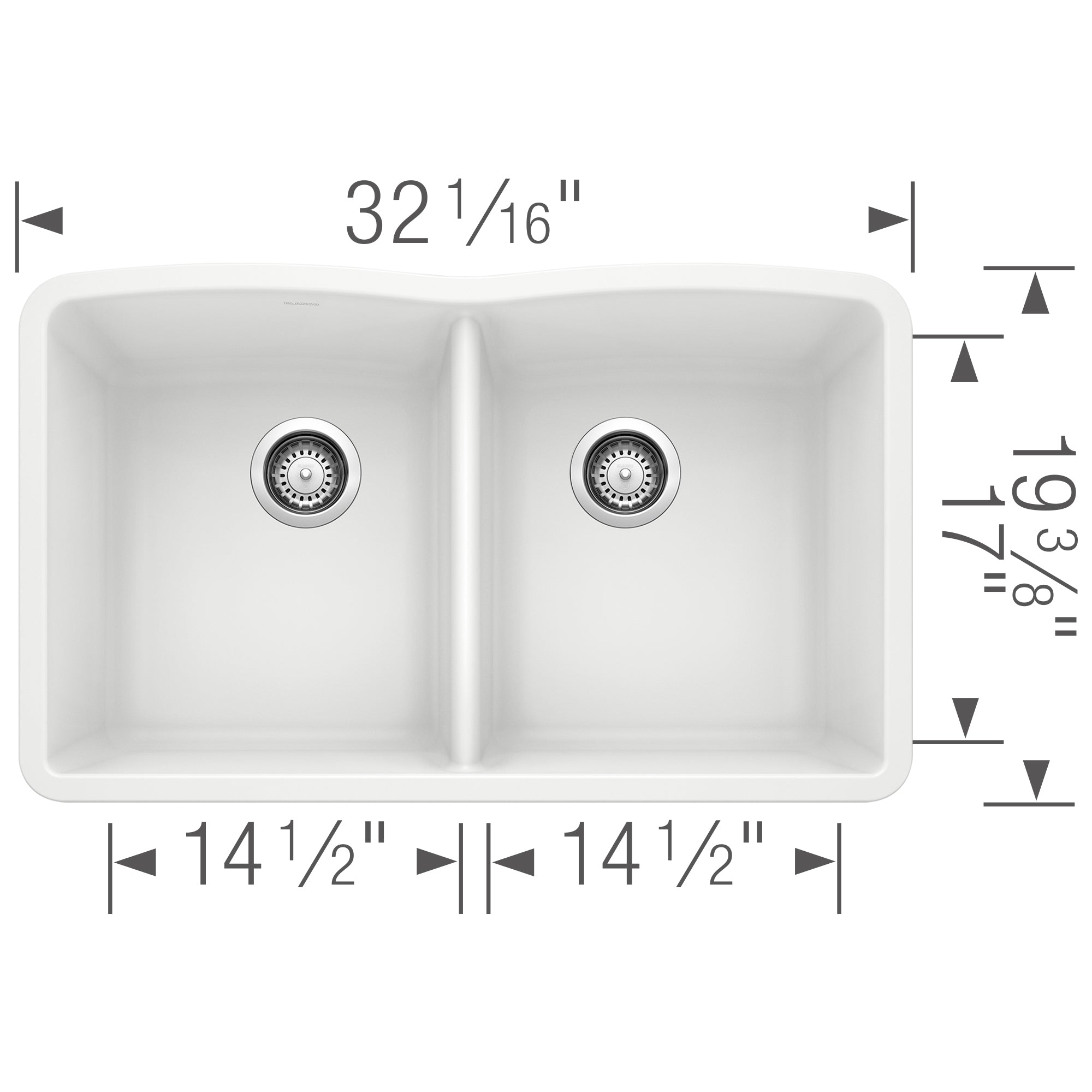 White double bowl undermount kitchen sink with two equal basins and chrome strainer drains, 32 1/16" wide.