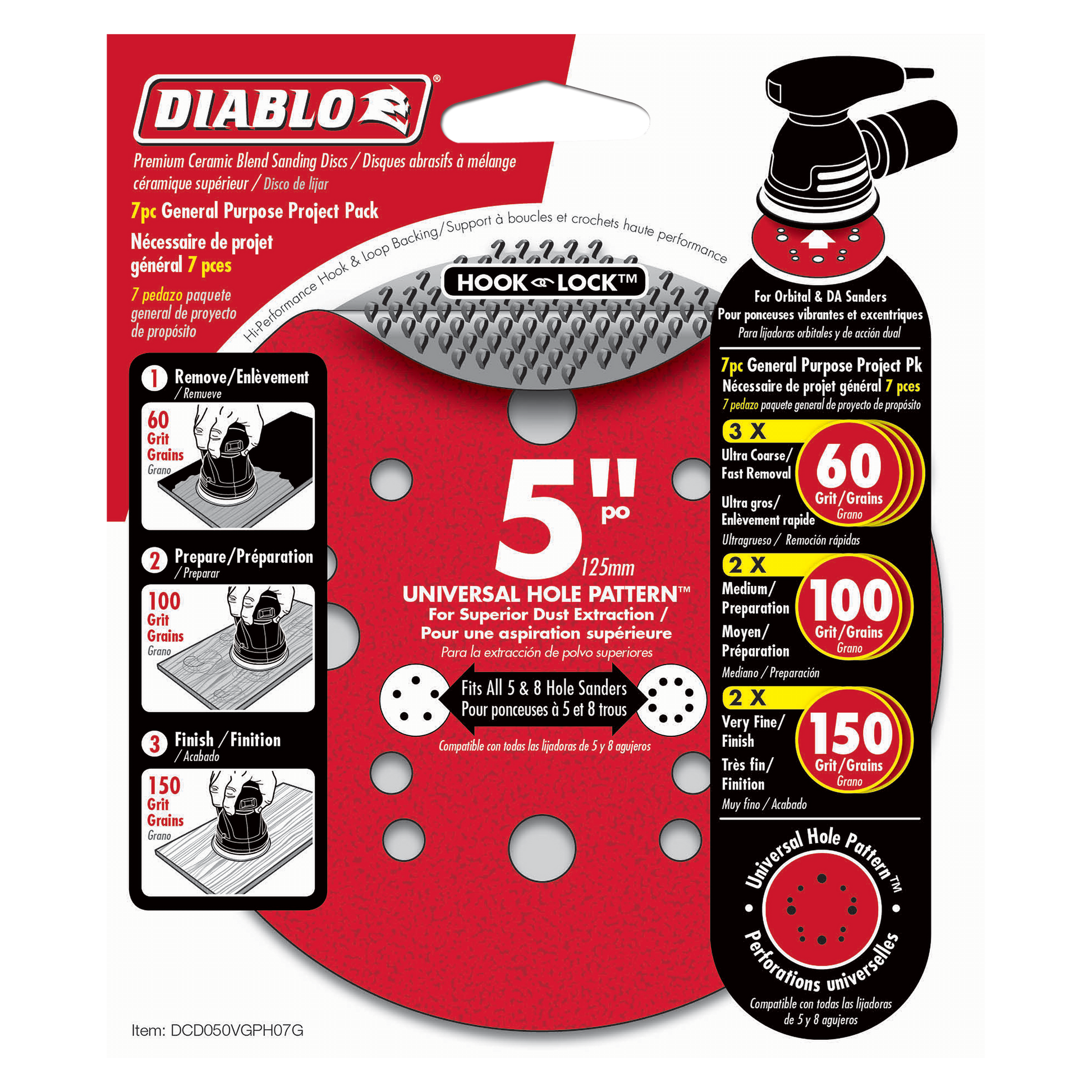 Seven Diablo 5-inch hook and loop sanding discs with grit options of 60, 100, and 150 for orbital sanders.