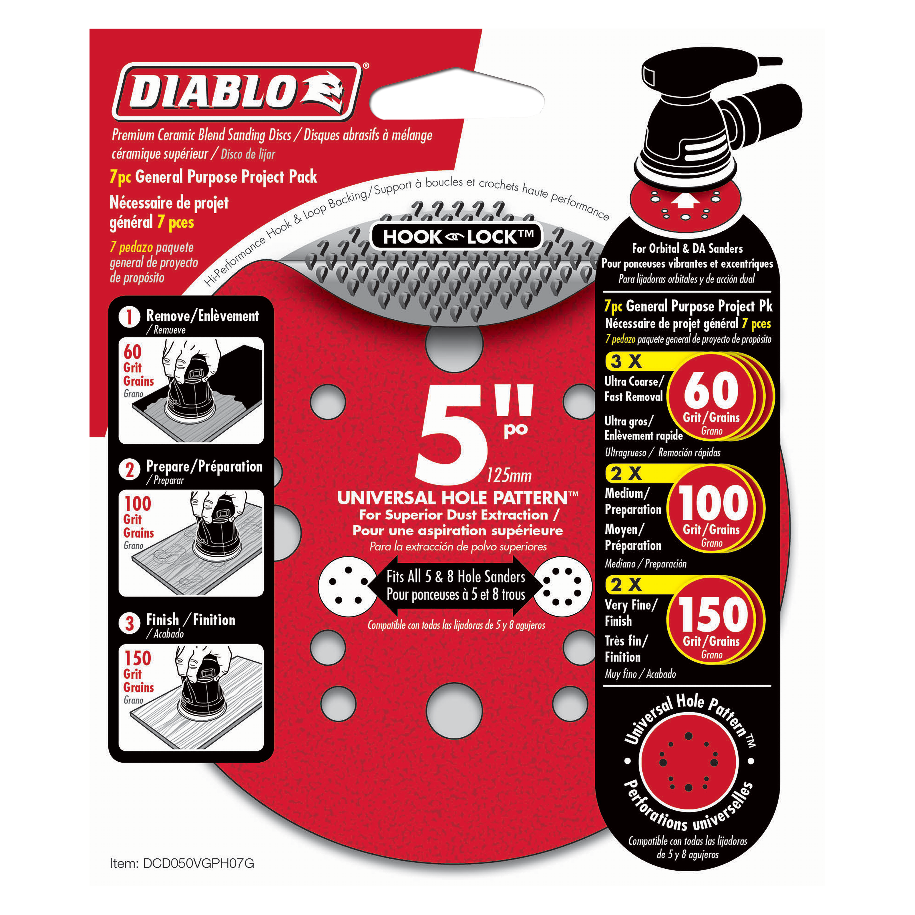 Diablo DCD050VGPH07G 5 in. ROS Hook & Lock Disc Project Pack General Purpose (7-Pack)
