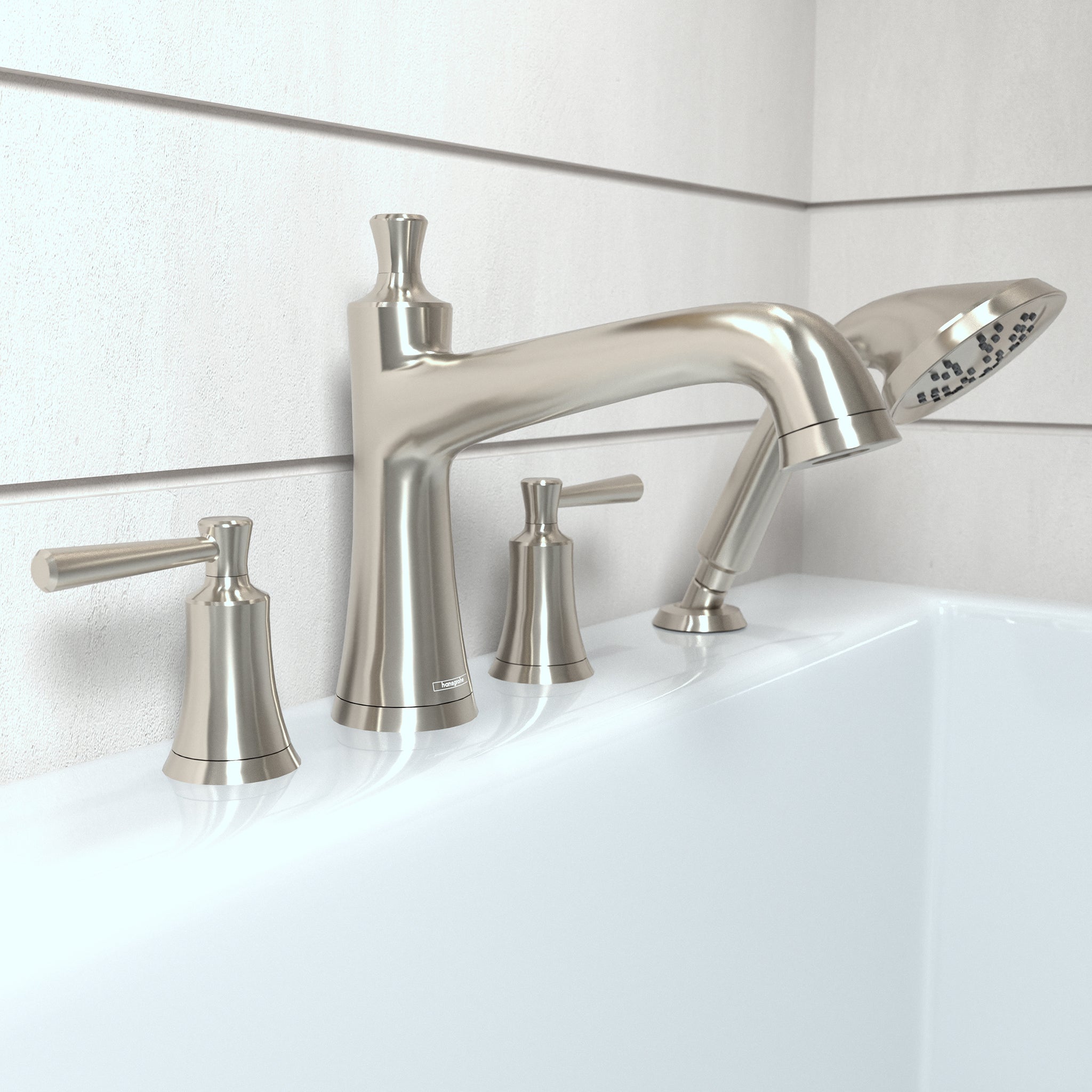 Brushed nickel four-hole roman tub faucet set with curved spout, handheld showerhead, and matching lever handles installed on
