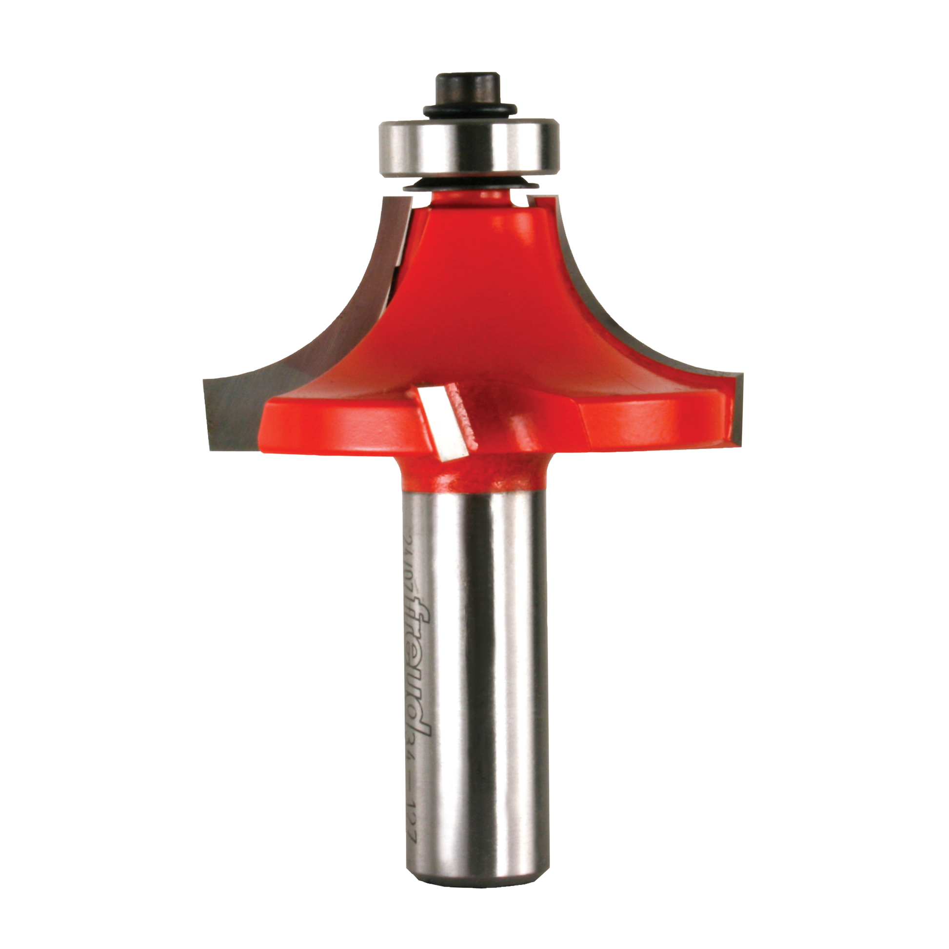 Red rounding over router bit with steel shaft and ball bearing guide, 5/8" radius cutting head.