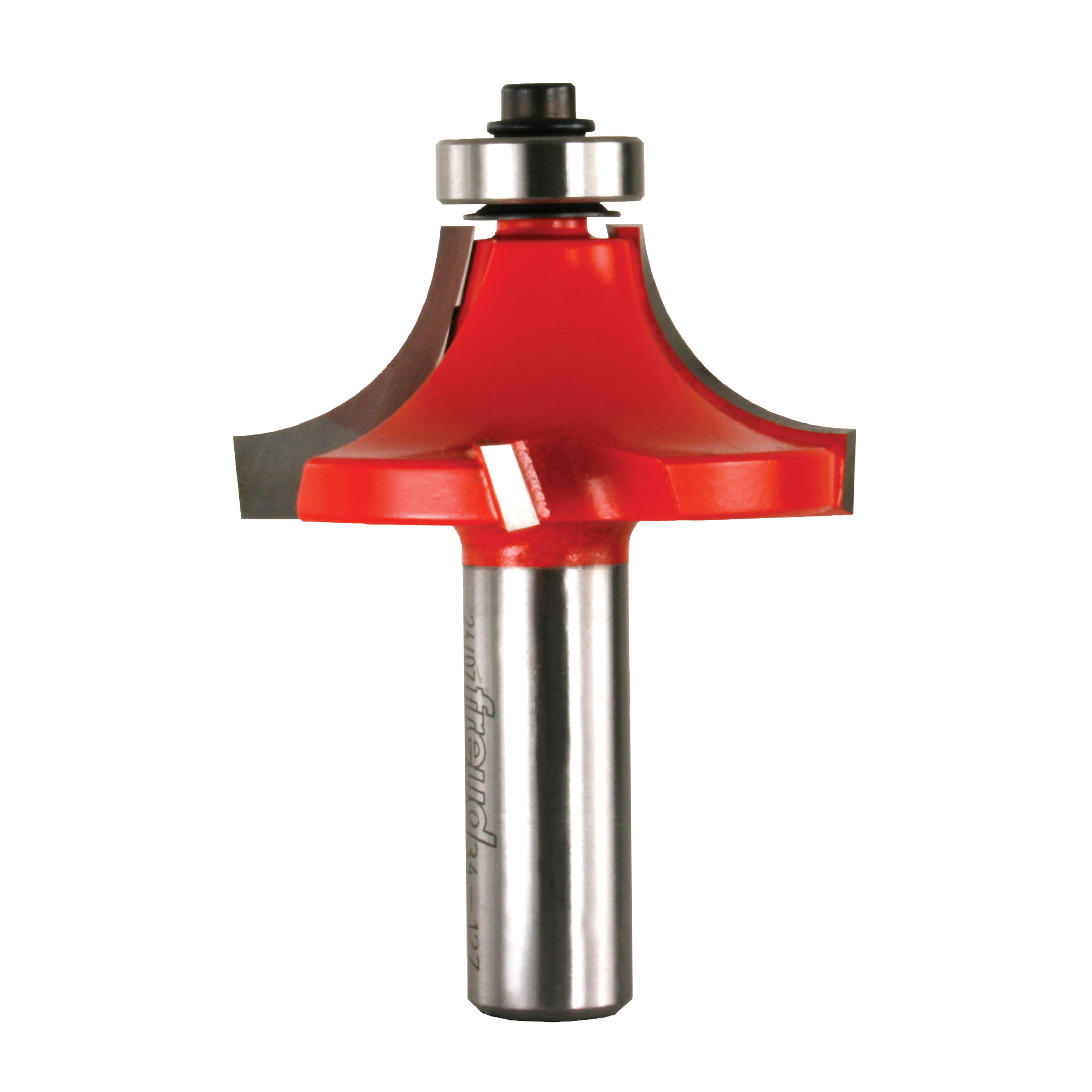 Red rounding over router bit with steel shaft and ball bearing guide, 5/8" radius cutting head.
