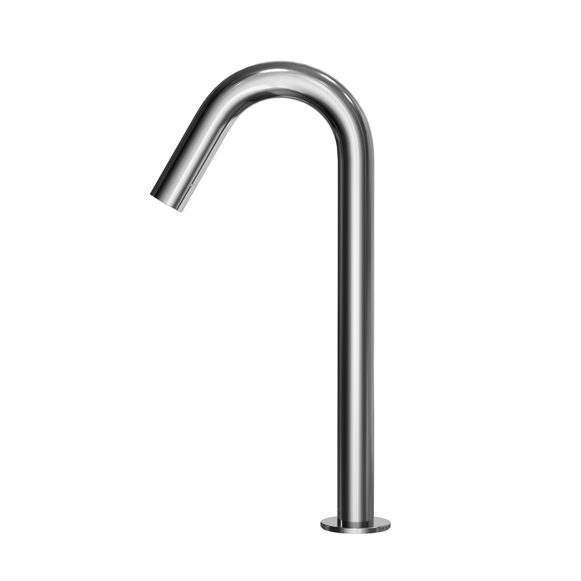Polished chrome vessel faucet with curved spout and tall cylindrical body on white background.