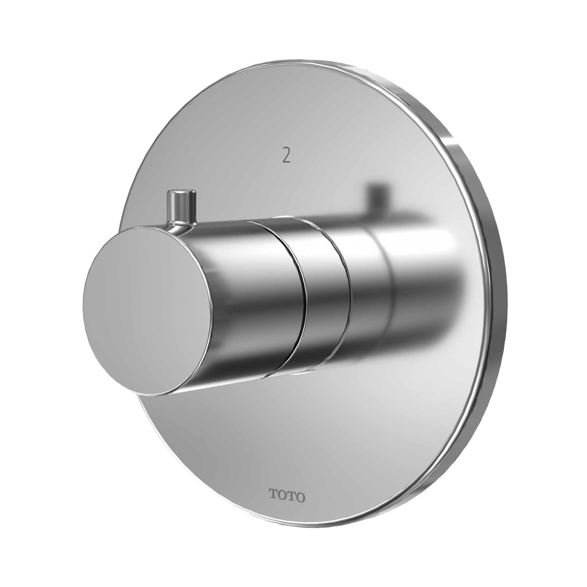 Polished chrome round shower diverter valve with cylindrical handle and circular trim plate.