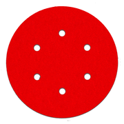 Red circular sanding disc with six white hook and loop attachment holes.