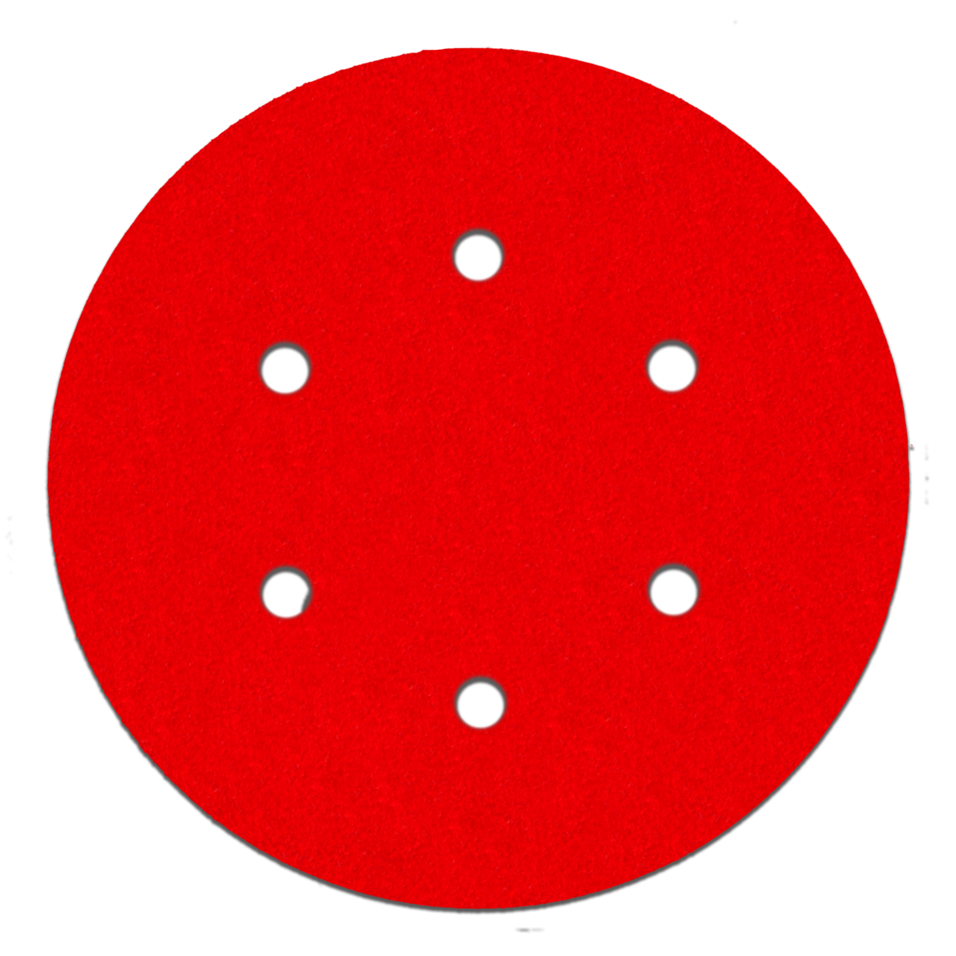 Red circular sanding disc with six white hook and loop attachment holes.