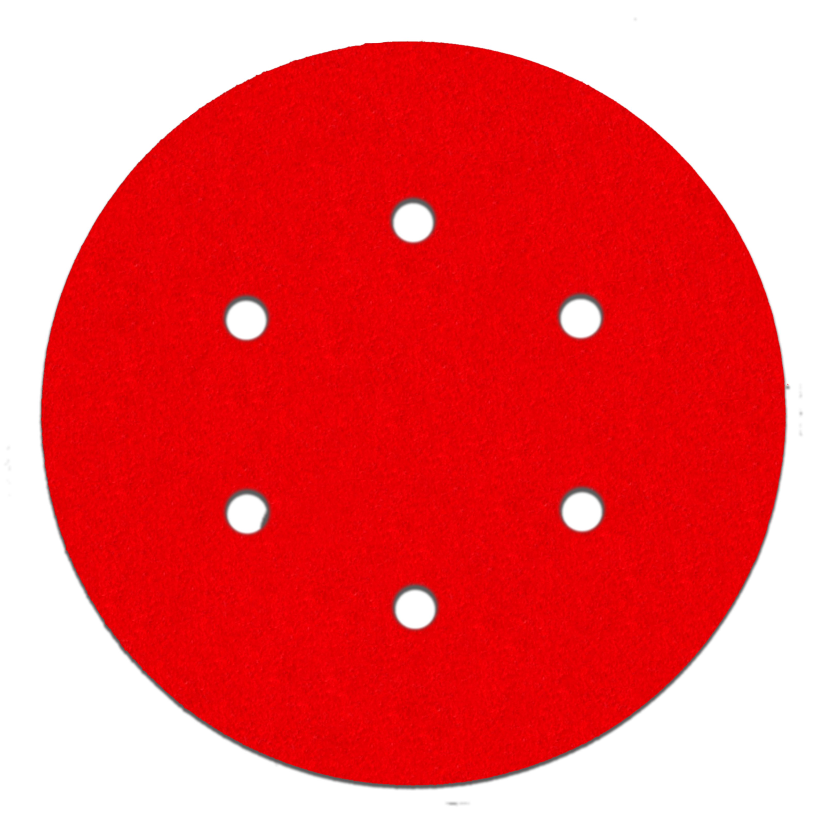 Red circular sanding disc with six white hook and loop attachment holes.