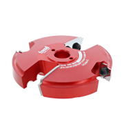 Red router cutter head with four cutting inserts and central mounting hole for woodworking.