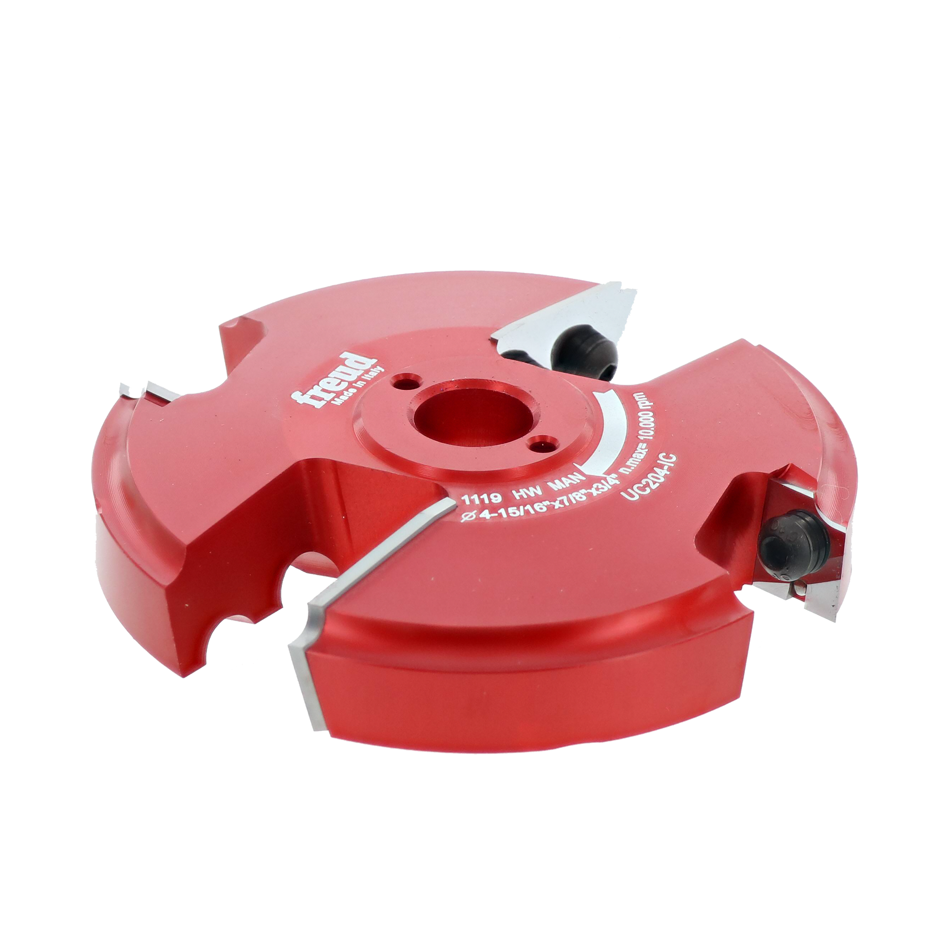Red router cutter head with four cutting inserts and central mounting hole for woodworking.