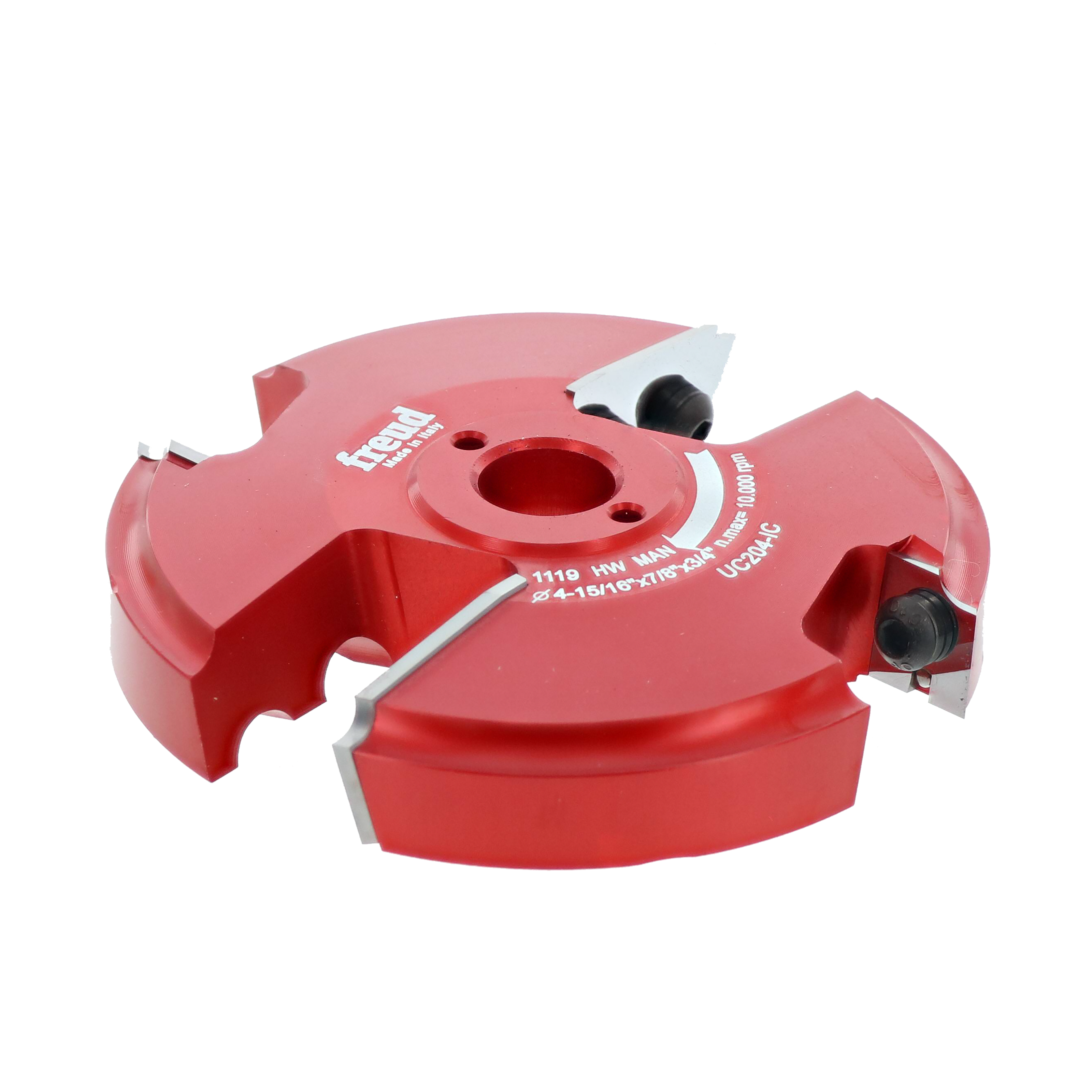 Red router cutter head with four cutting inserts and central mounting hole for woodworking.