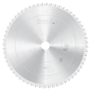 Silver circular saw blade with carbide teeth around perimeter and central arbor hole, marked Freud and LU6A10.