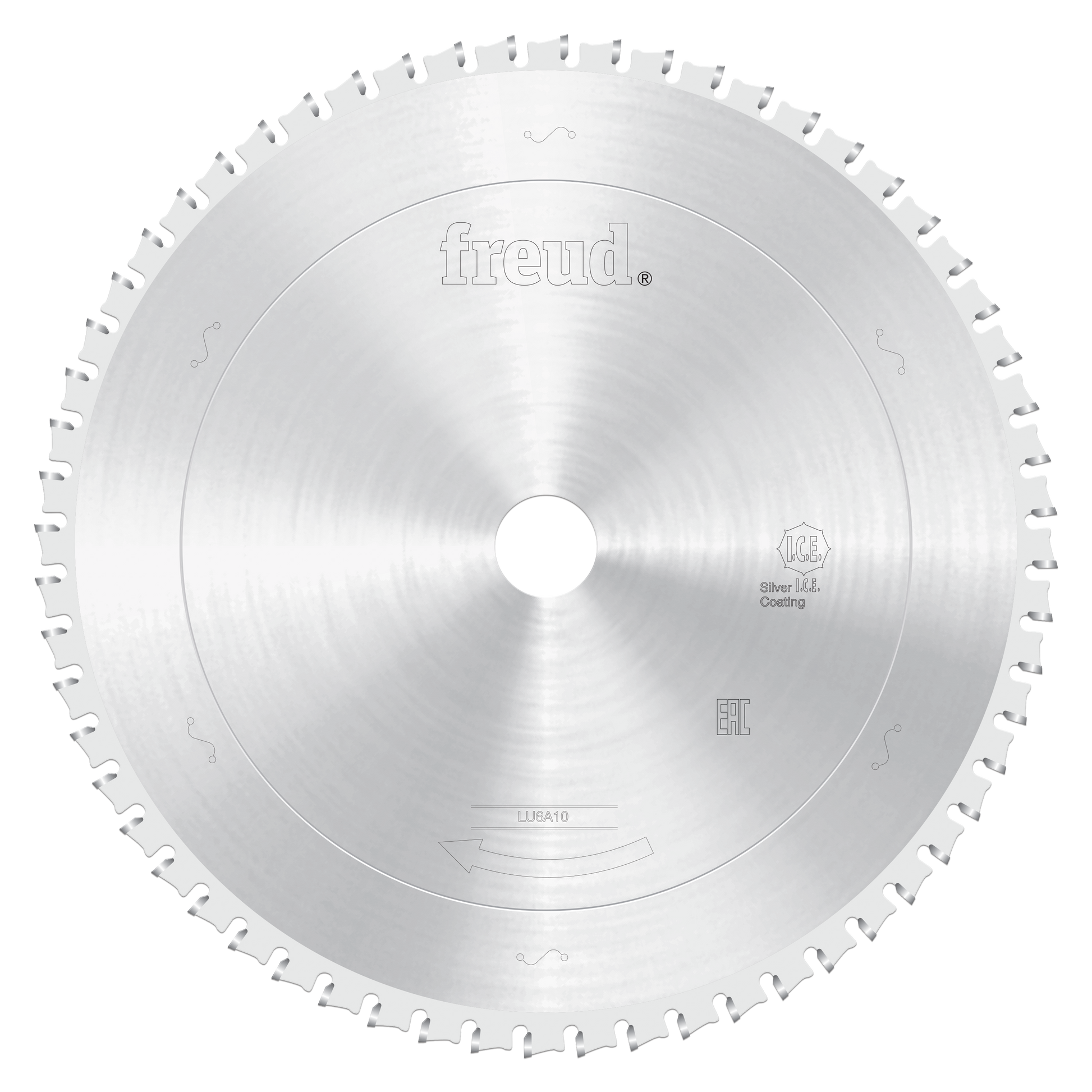 Silver circular saw blade with carbide teeth around perimeter and central arbor hole, marked Freud and LU6A10.