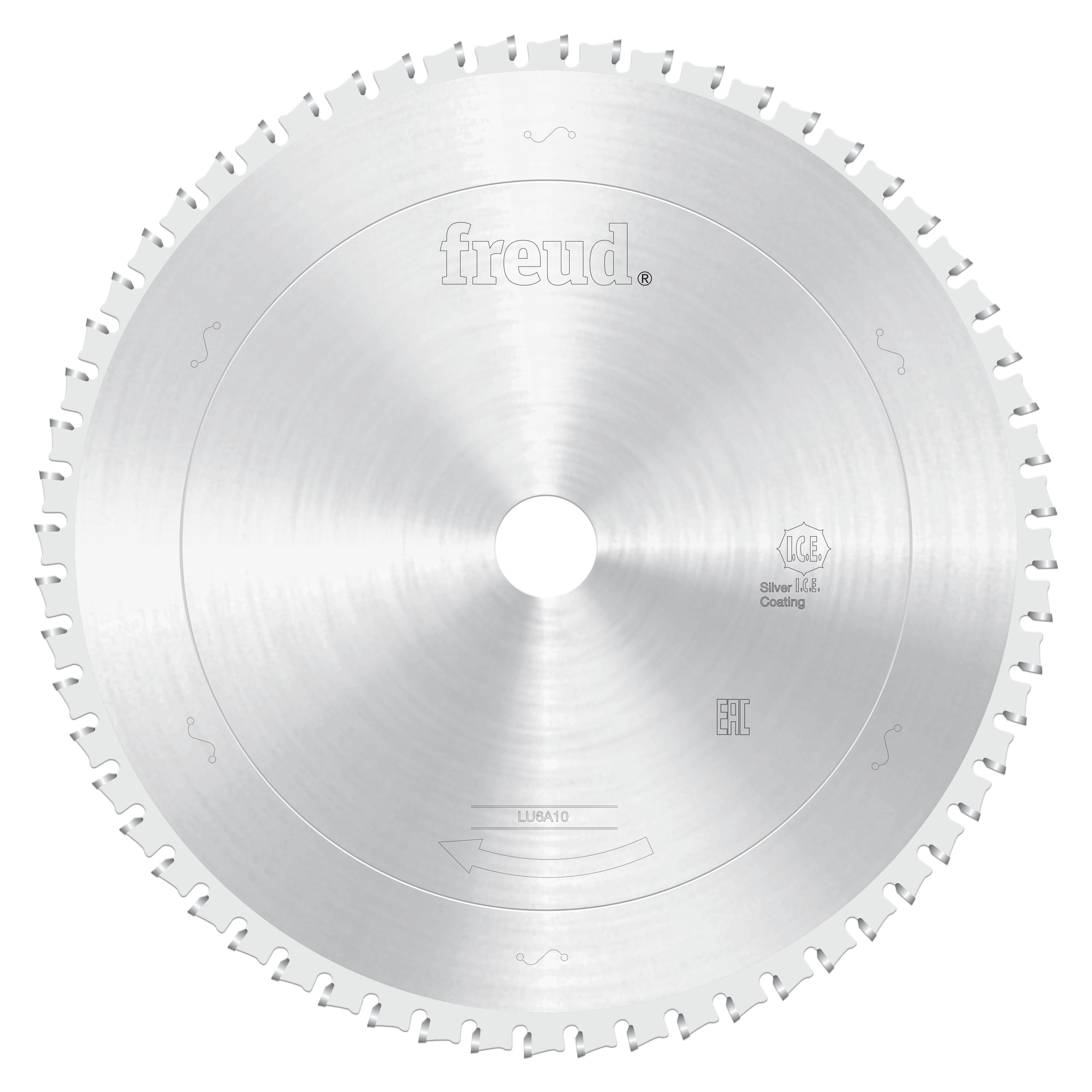 Silver circular saw blade with carbide teeth around perimeter and central arbor hole, marked Freud and LU6A10.