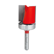 Red and silver flush trim router bit with top bearing and gray cutting blade.