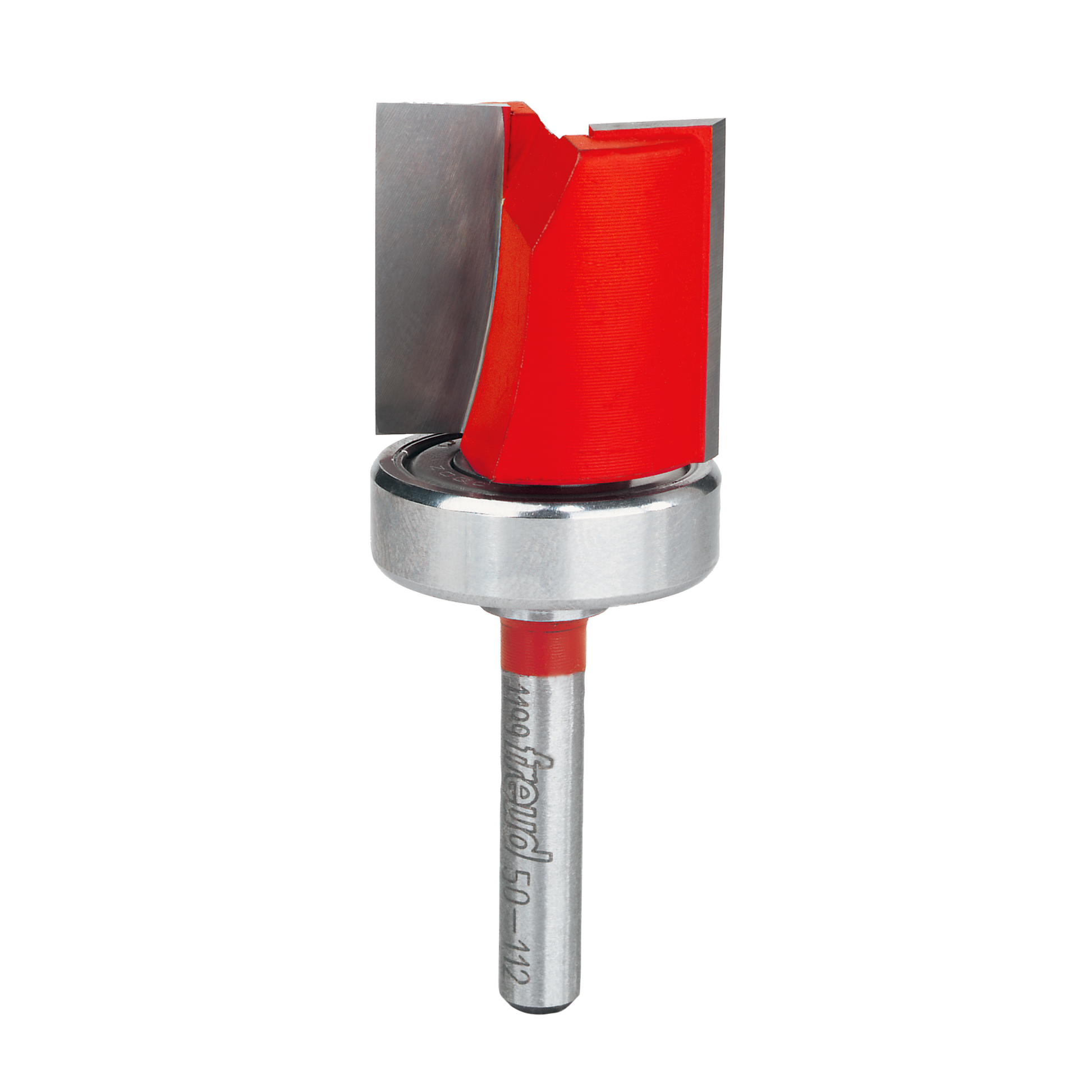 Red and silver flush trim router bit with top bearing and gray cutting blade.