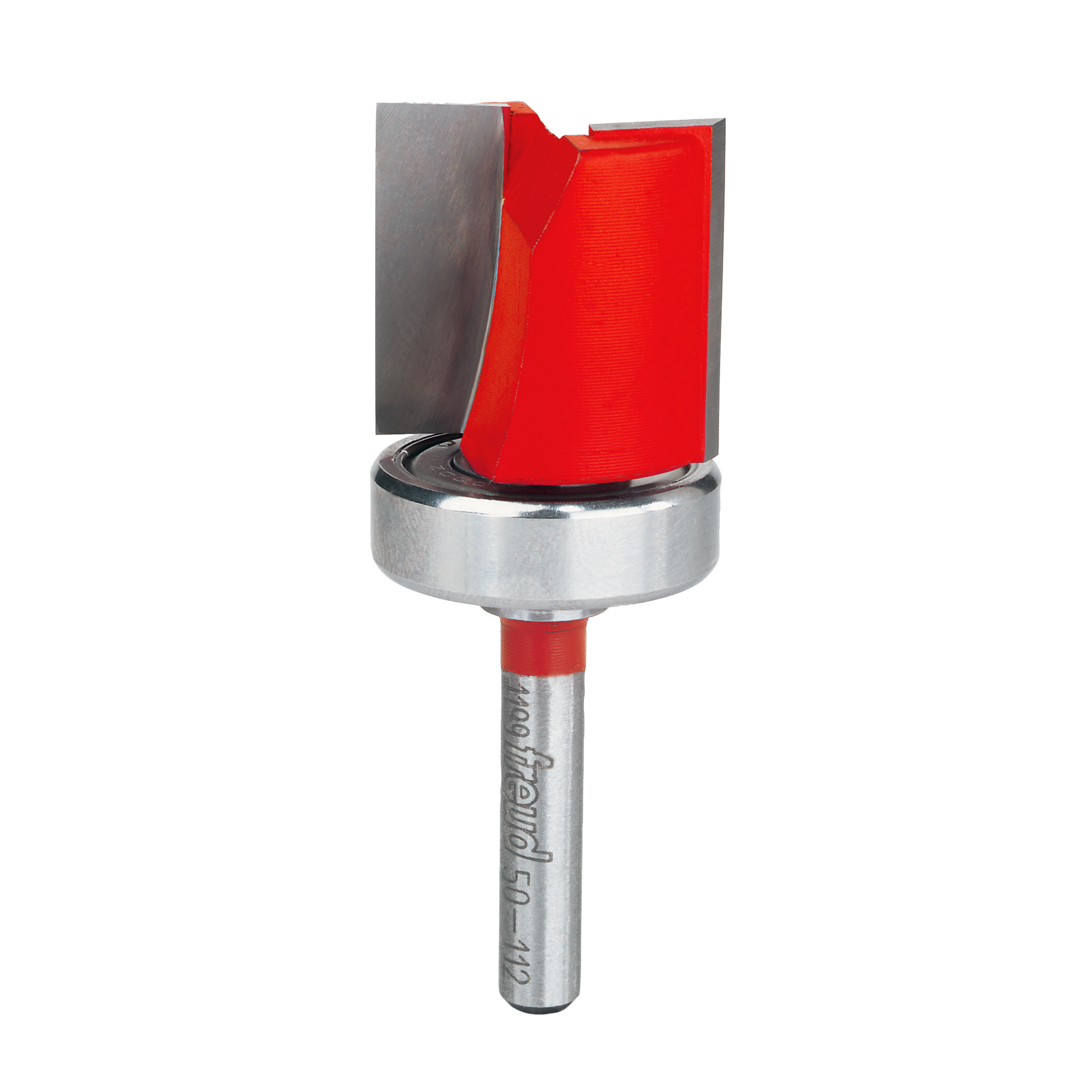 Red and silver flush trim router bit with top bearing and gray cutting blade.