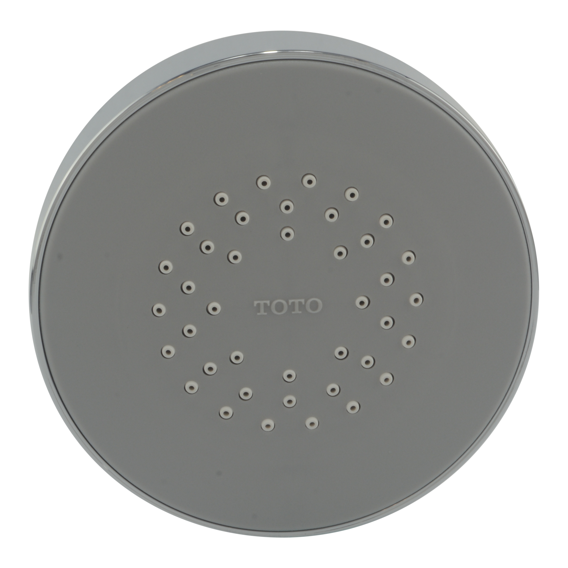 Polished chrome round shower head with multiple spray holes arranged in circular pattern and TOTO branding.
