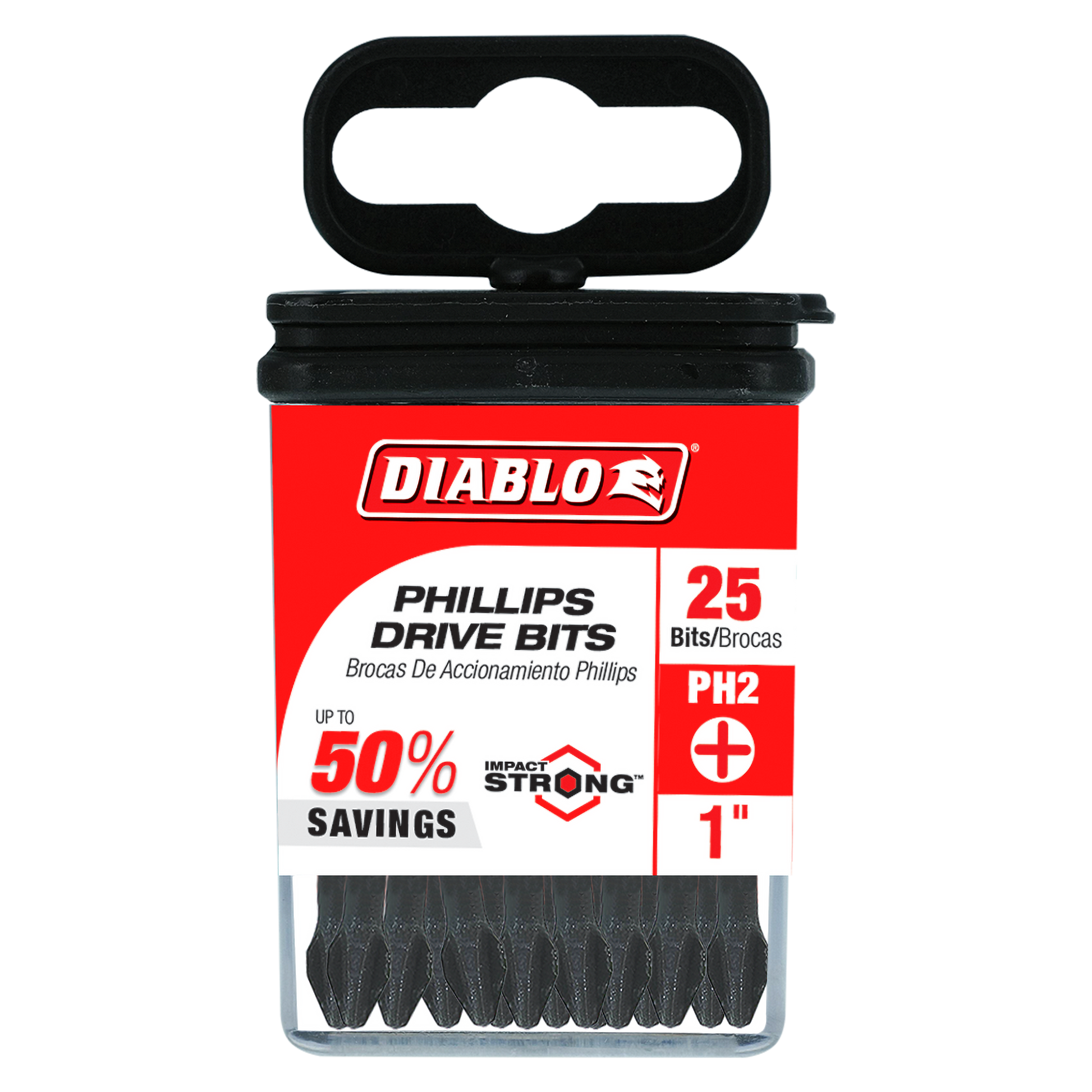 Diablo 25-pack of 1-inch #2 Phillips drive bits in black plastic case with red and black packaging.