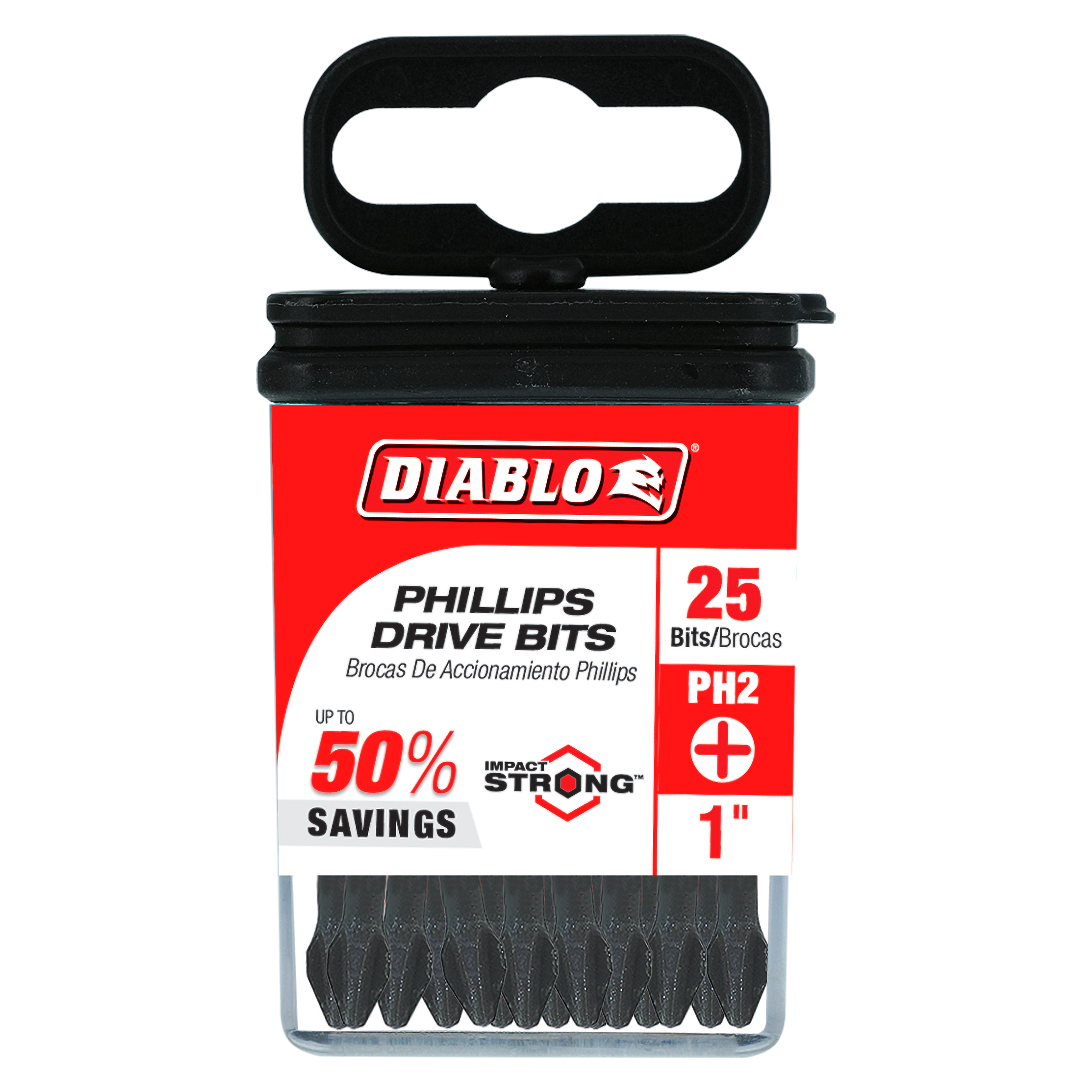 Diablo 25-pack of 1-inch #2 Phillips drive bits in black plastic case with red and black packaging.