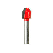 Freud router bit with red cutting head and gray flutes on silver shank.