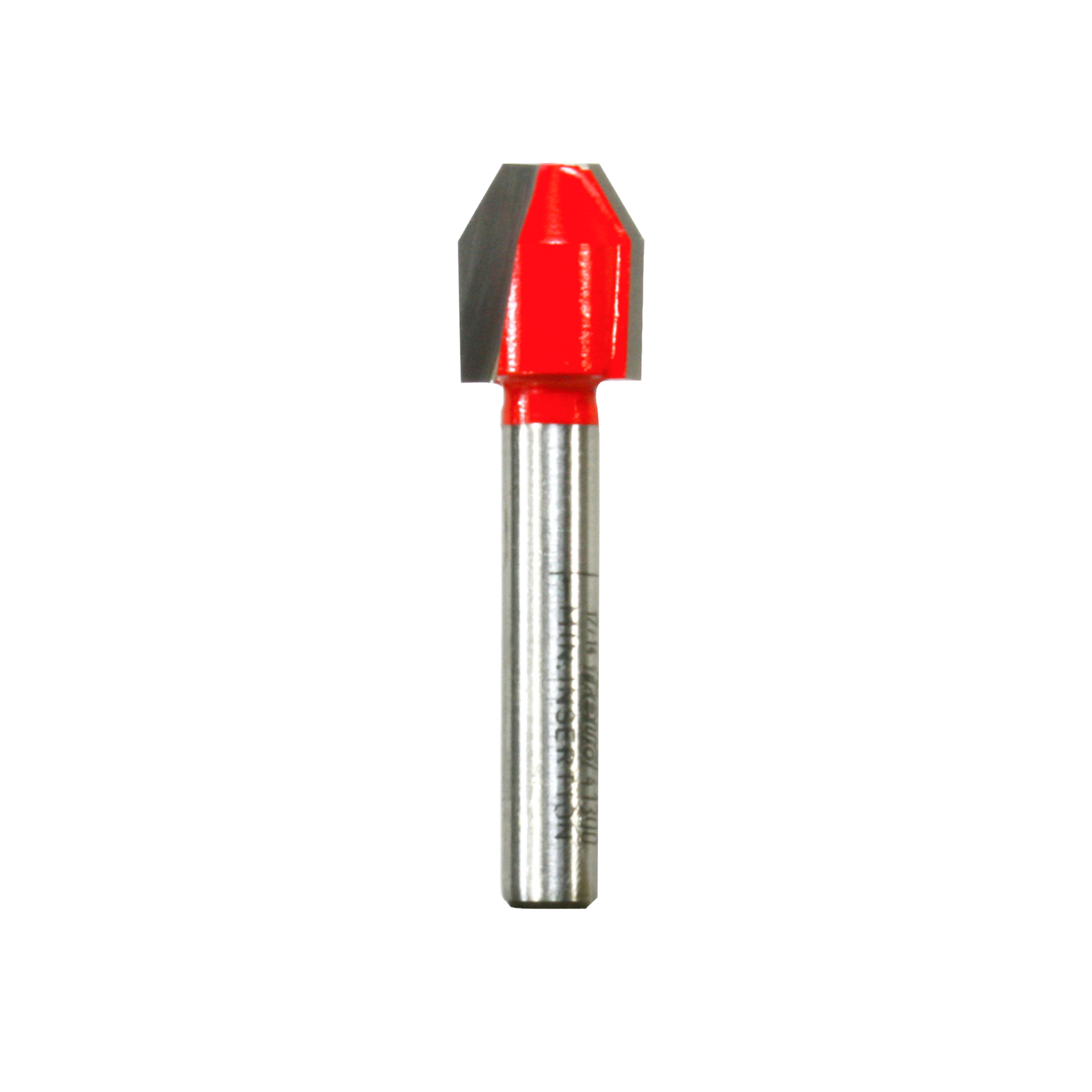 Freud router bit with red cutting head and gray flutes on silver shank.