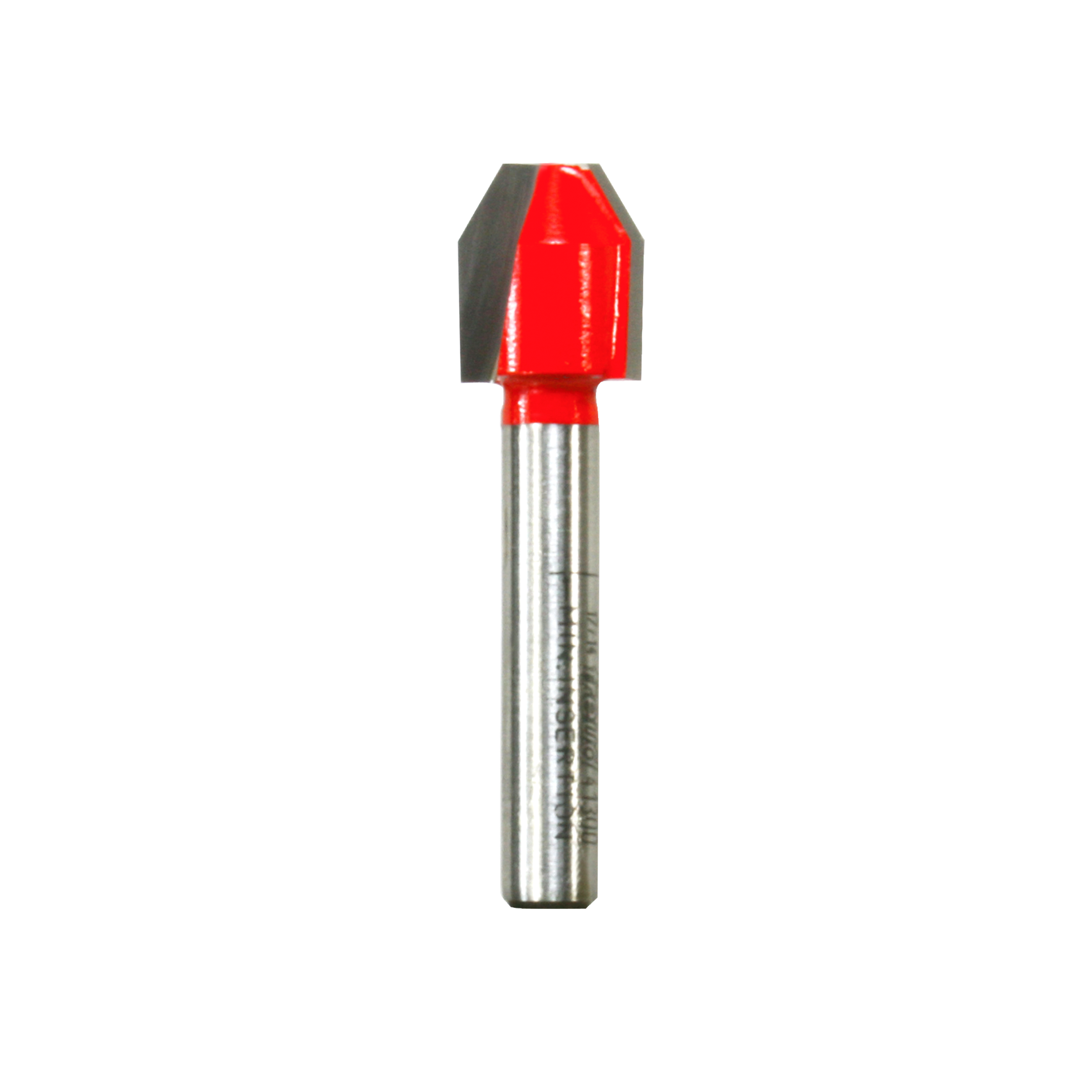Freud router bit with red cutting head and gray flutes on silver shank.