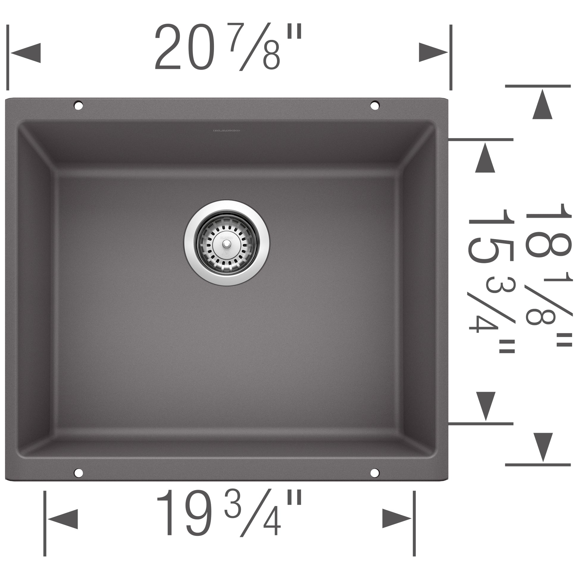 Cinder gray undermount kitchen sink with single bowl and strainer, dimensions 20⅞" width by 19¾" length by 15¾" depth.