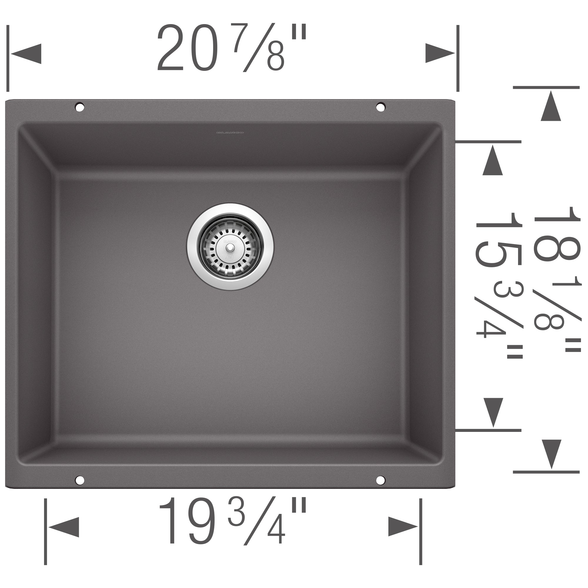 Cinder gray undermount kitchen sink with single bowl and strainer, dimensions 20⅞" width by 19¾" length by 15¾" depth.