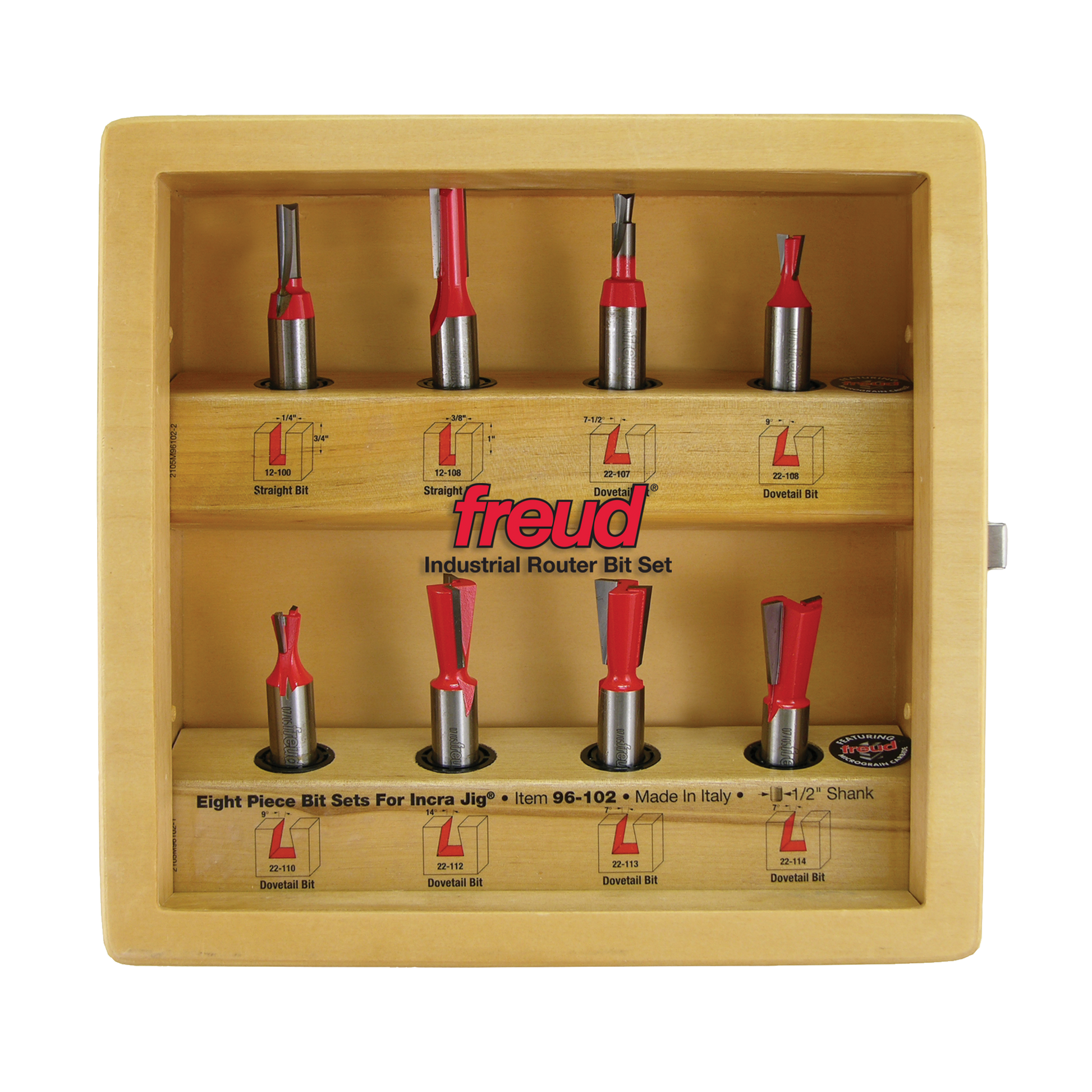 Eight Freud router bits with red handles and metal shanks arranged in wooden storage case with compartments.