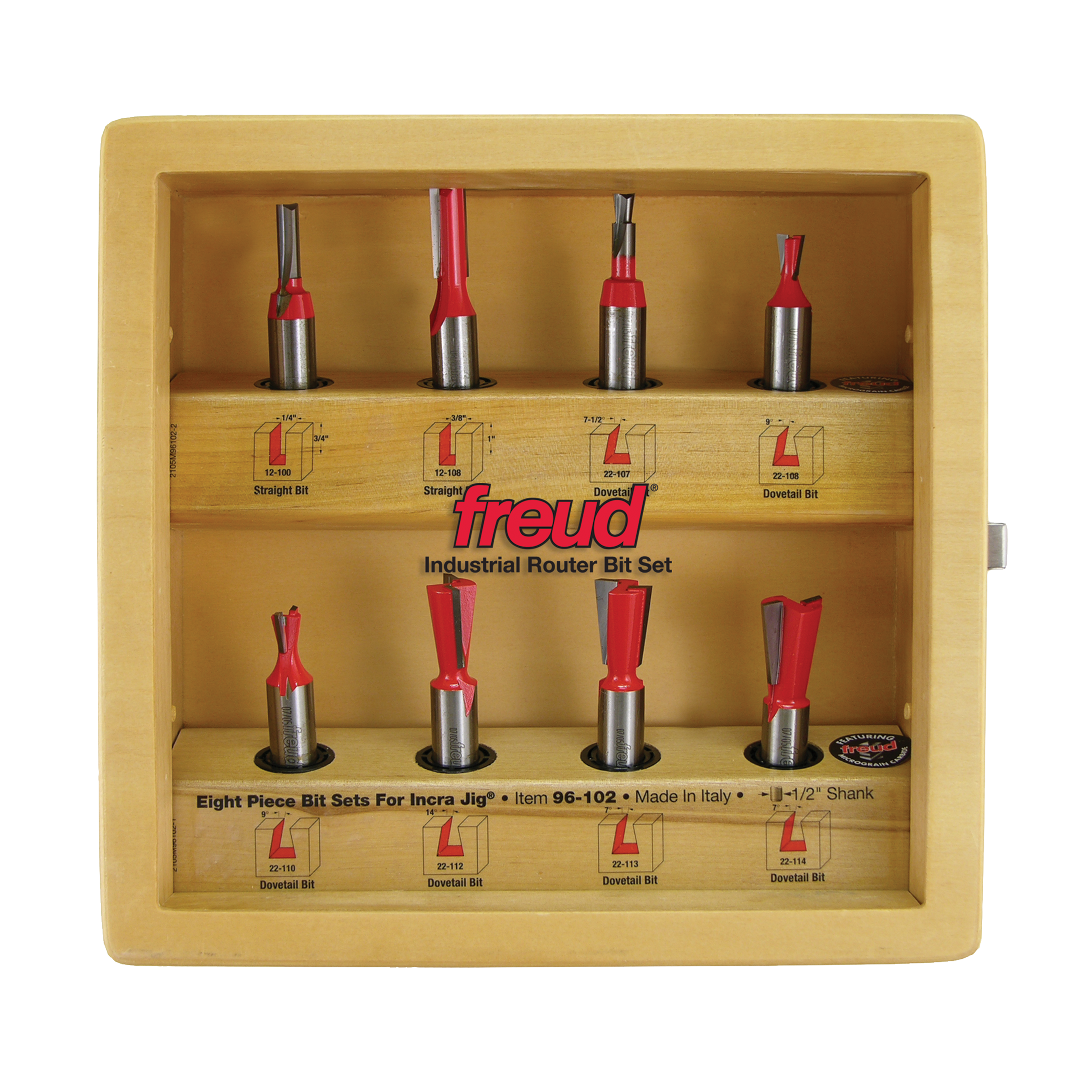 Eight Freud router bits with red handles and metal shanks arranged in wooden storage case with compartments.