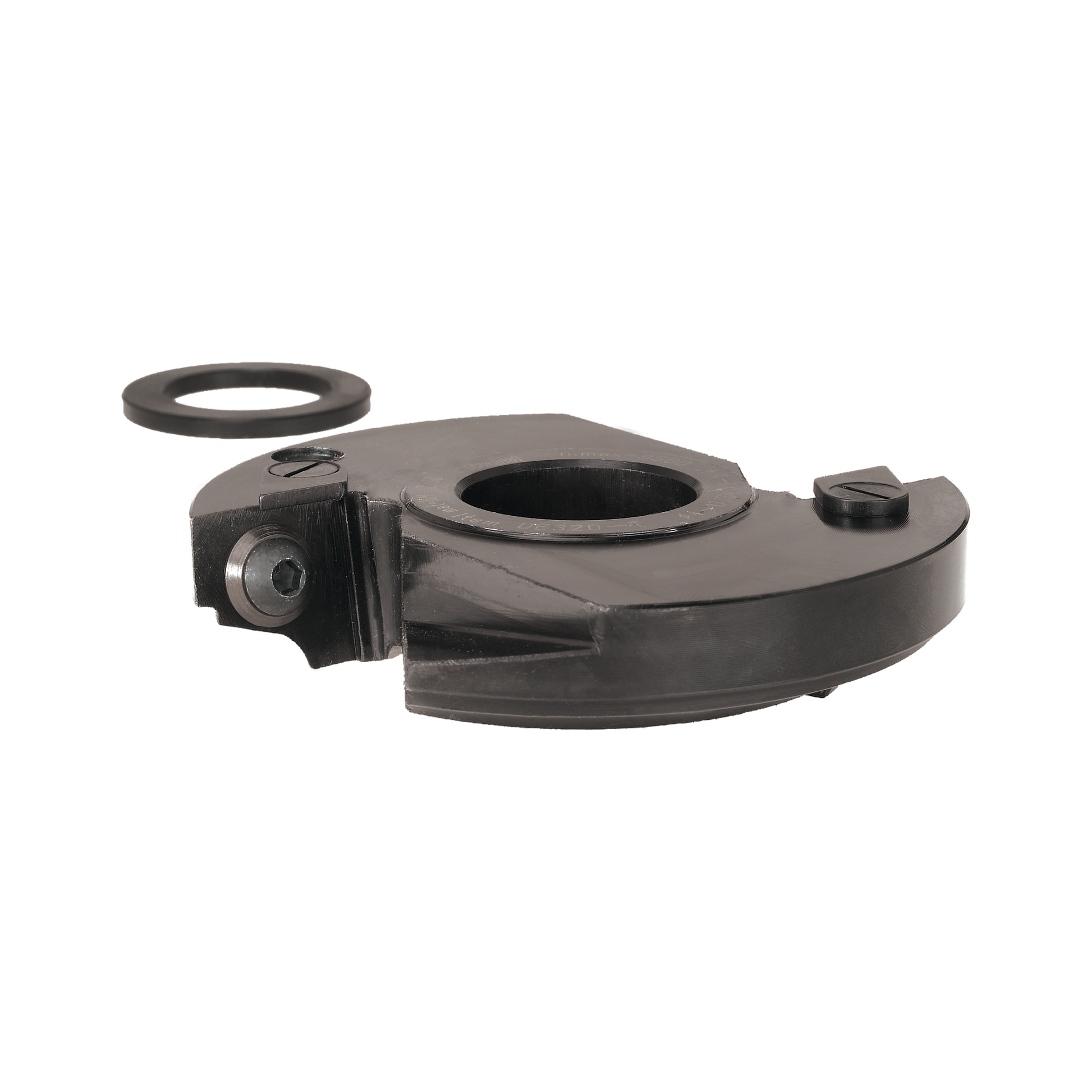 Two-piece dark gray router cutter head with circular blade guard and mounting hardware for door edge profiling.